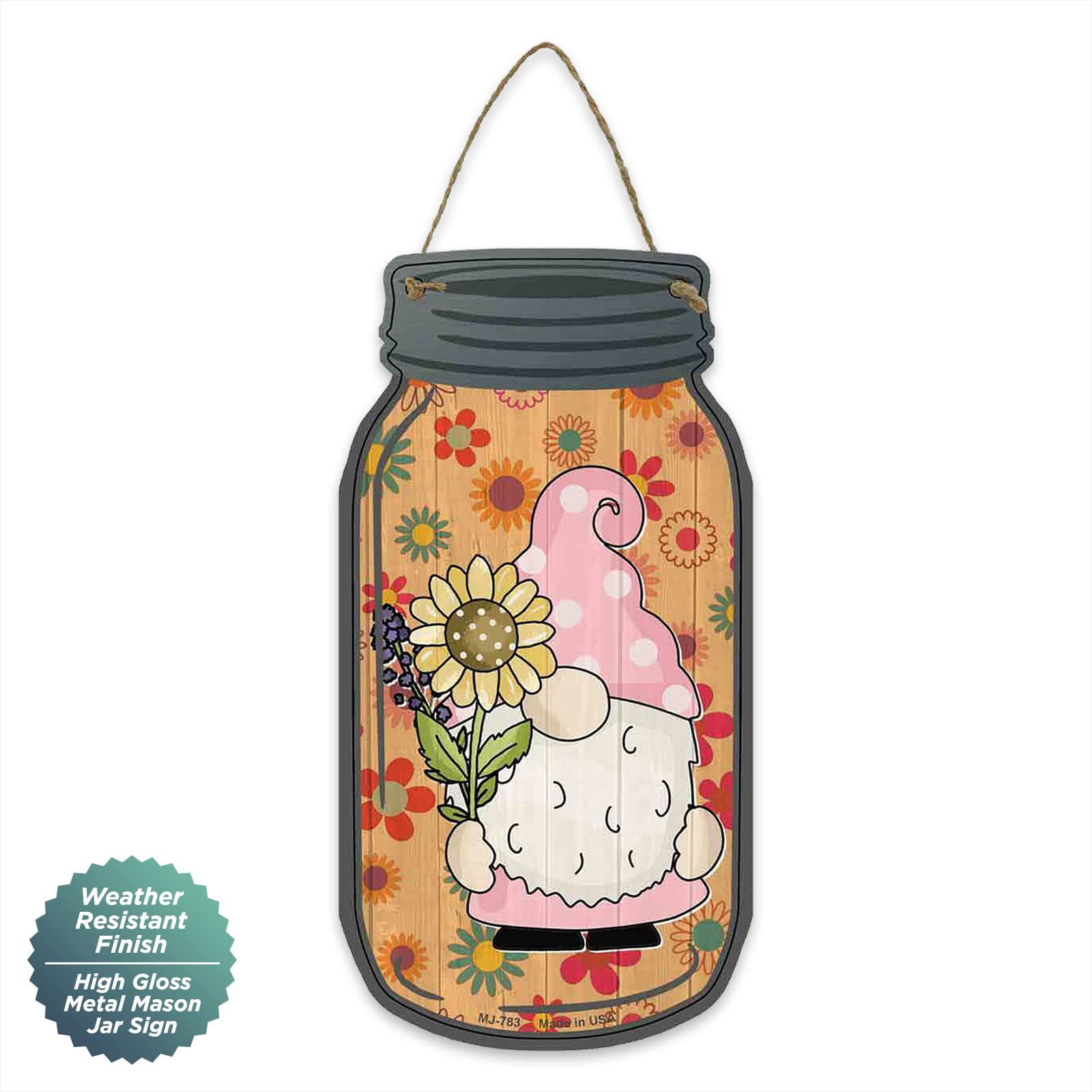 Gnome With Sunflower Farmhouse Novelty Metal Mason Jar Sign 4