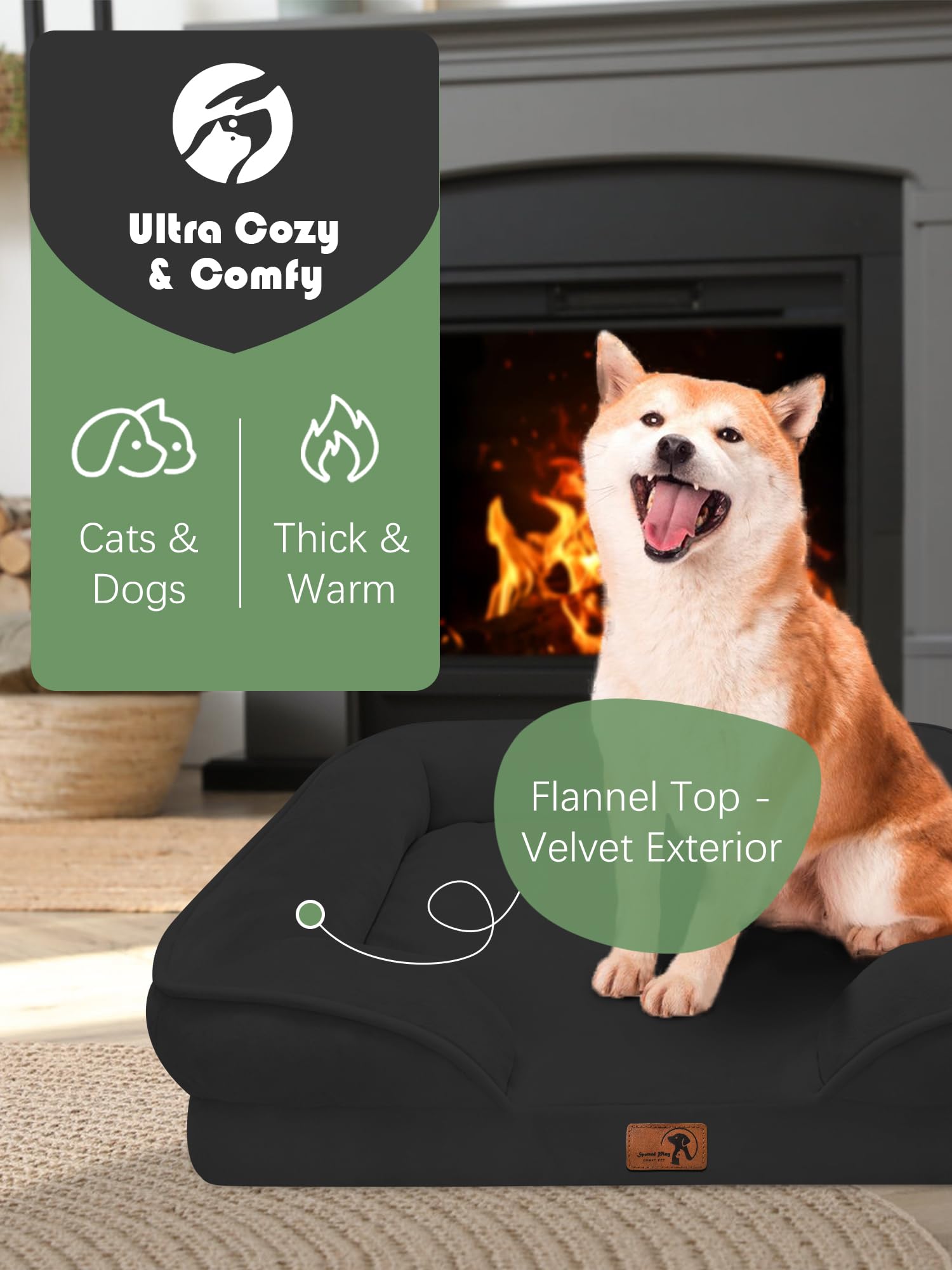 Spotted Play Orthopedic Dog Bed with Sides - Sofa Beds for Medium Dogs, Supportive Foam Pet Couch Bed with Washable Removable Cover, Waterproof Lining and Non-Slip Bottom, Black - M view 2