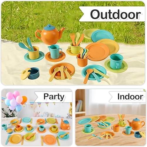 Miniatura 6 de BUYGER Juego de utensilios de cocina 2 en 1, accesorios de juguete, juego de fiesta de té para niñas y niños pequeños, utensilios de cocina para
