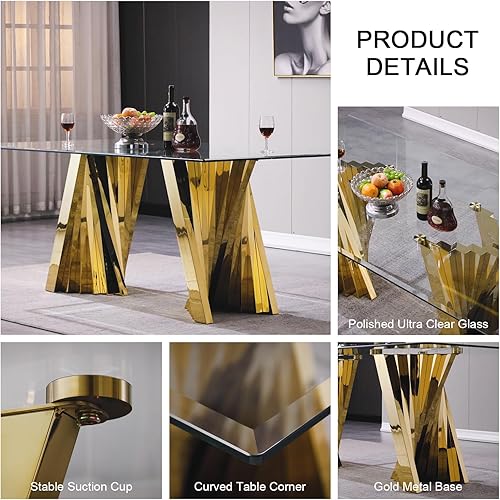 Miniatura 5 de Juego de mesa de comedor de 7 piezas, juego de mesa de comedor para 6, mesa de comedor de vidrio transparente con 6 sillas de comedor tapizadas de