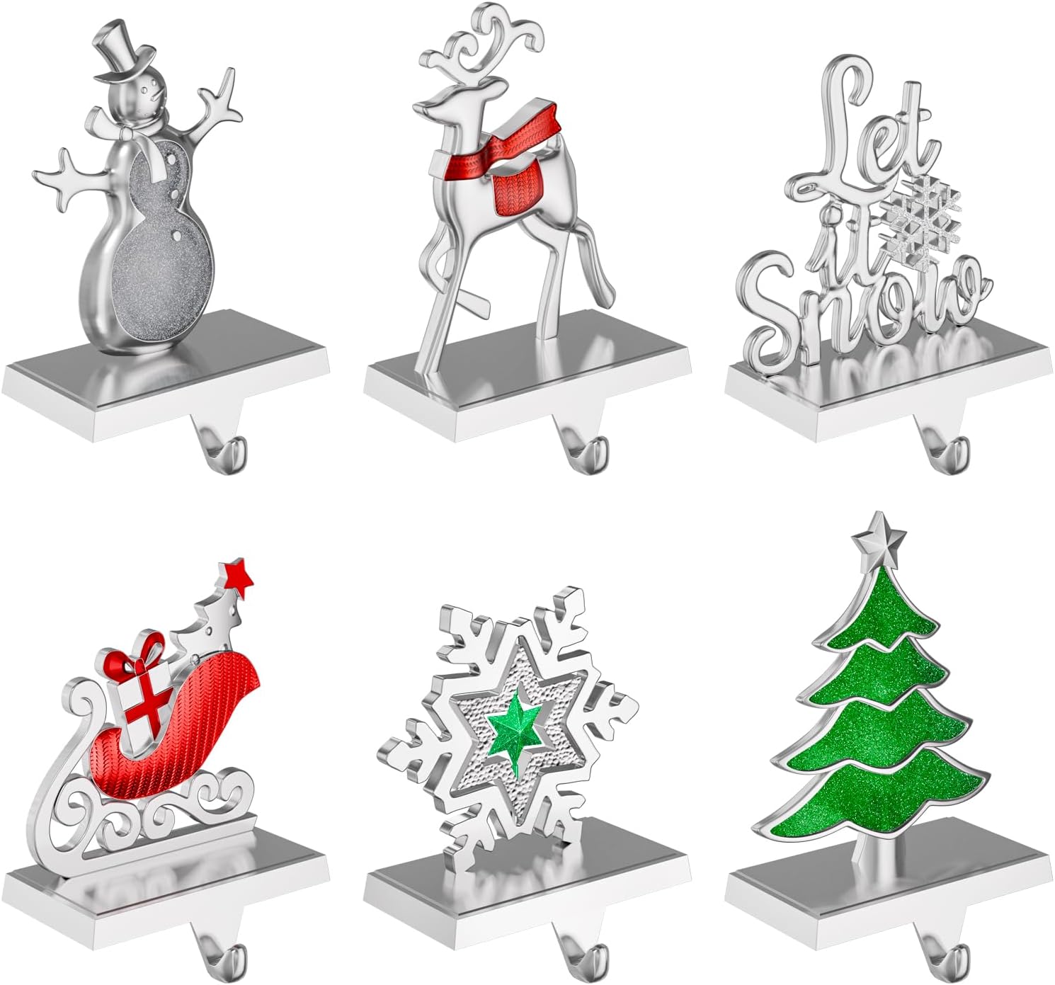 Christmas Stocking Holders for Mantle Weighted Metal Stocking Hangers Hooks for Fireplace Christmas Decorations (Set of 6) 6 Pack-Let it Snow