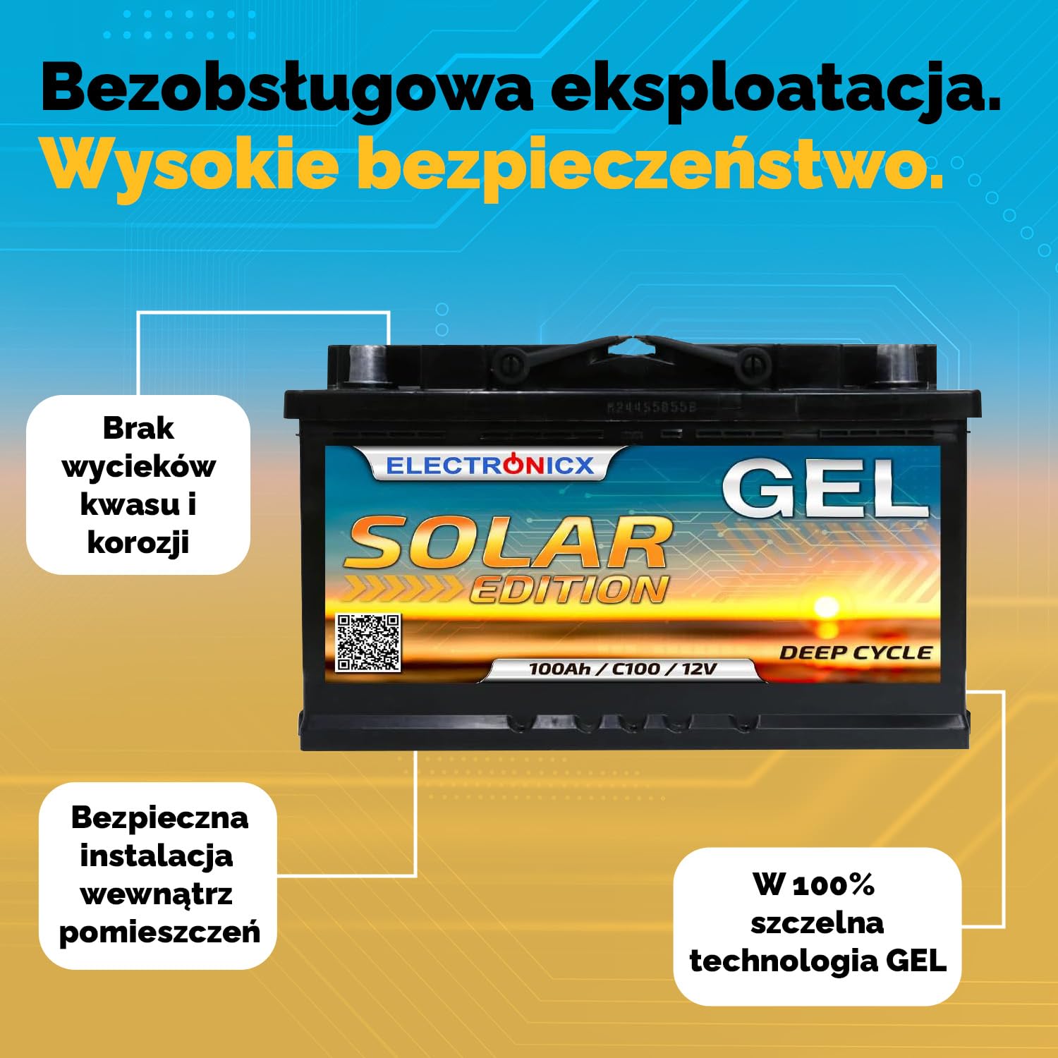 Electronicx GEL Solar Edition 100Ah 12V – akumulator żelowy Deep Cycle – 100Ah – bezobsługowy, szczelny, do użytku wewnętrznego – bez wycieków kwasu – ochrona przed korozją – 100% technologii żelowej
