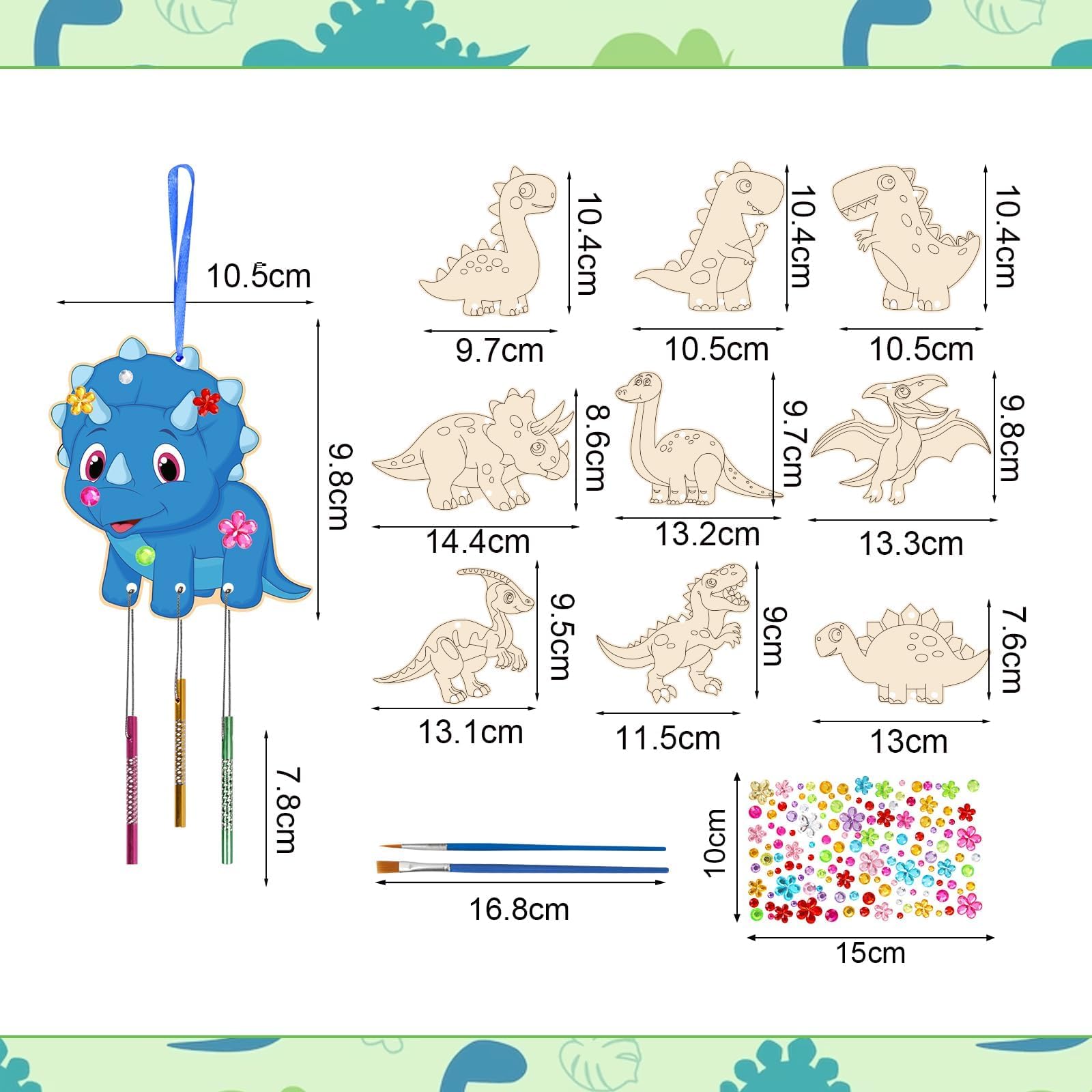 Wenrescry Kit Carillons éoliens Dinosaures – 10 Pièces En Bois – Peinture Et Autocollants – DIY – Dès 4 Ans