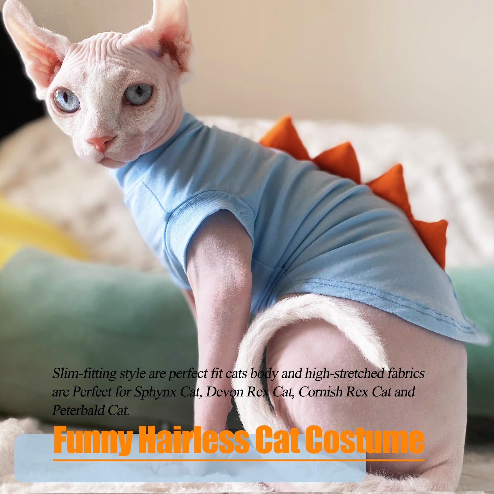 Sphynx Cat Clothes Cat Jumpers for Cats Only Dinosaur Cat Costume Cat Outfit Hairless Cat Sweater Soft Cat Onesie Breathable Cotton T-Shirt Kitten Jumper Coat Cat Clothing Vest Pajama Suit(Blue,XXL) - Image 2