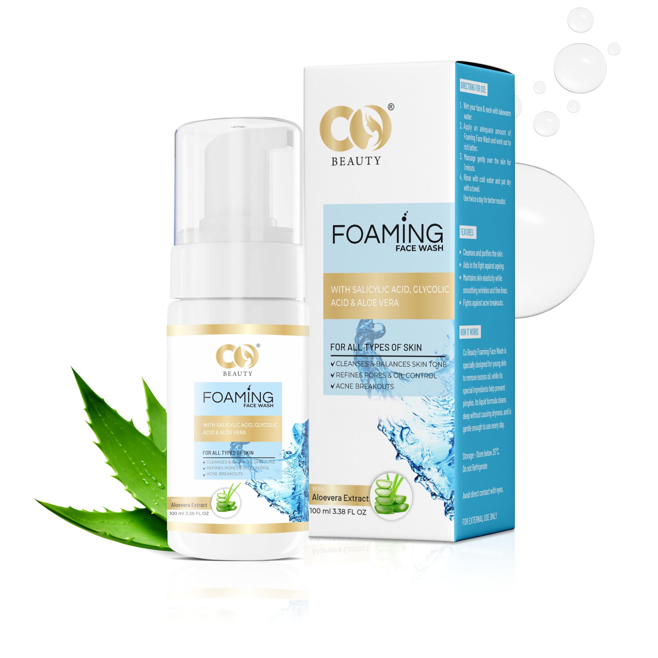 CO Beauty 1% Salicylic Acid,1% Glycolic Acid Foaming Face Wash for Remove Excess Oil, Oily Skin | Face Cleanser for Acne or Pimples | Men & Women- Pack of 2 (100mlx2) (2)