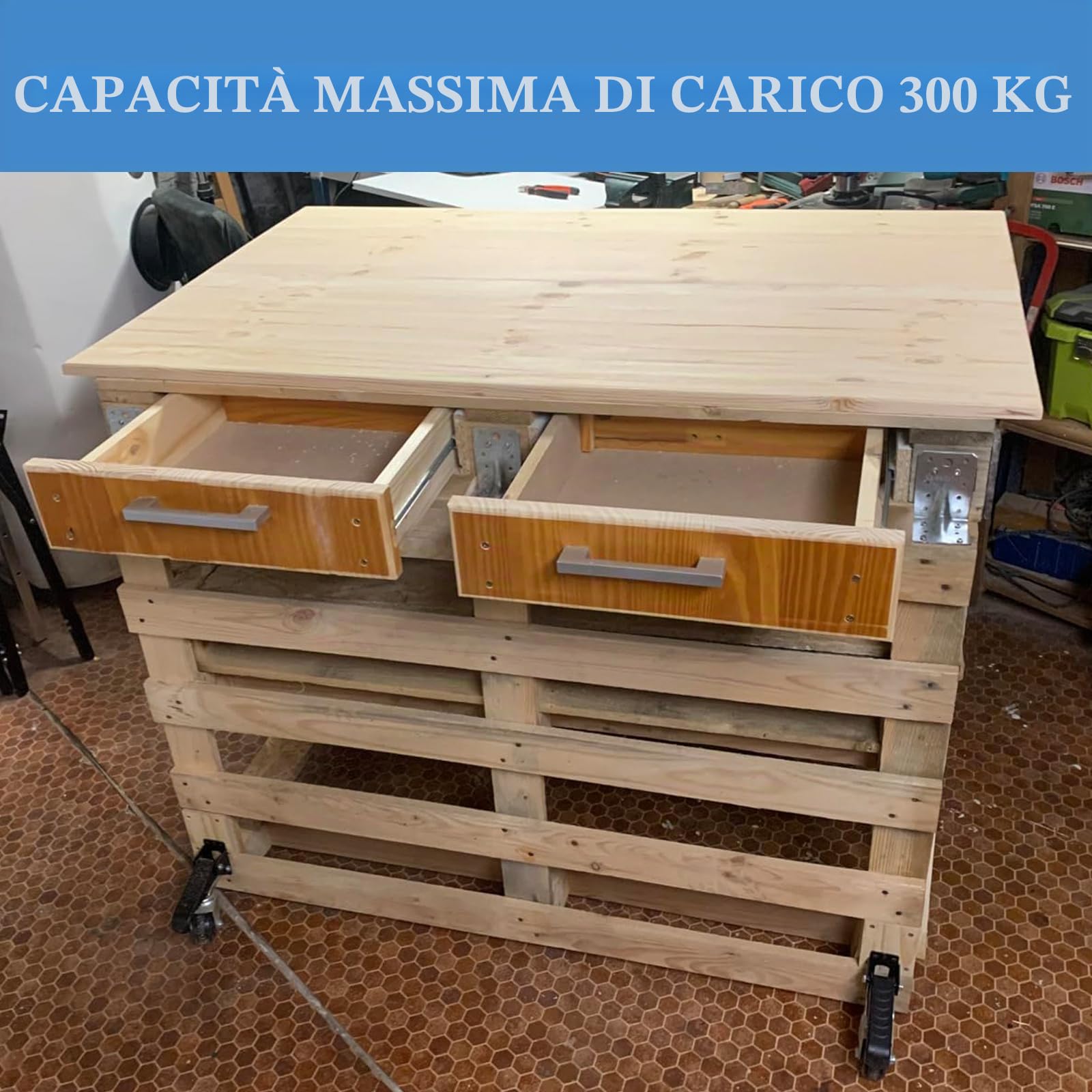Rotelle per carichi pesanti abbassabili per banco da lavoro, capacità di carico 300KG, set di 4 ruote girevoli ruote di trasporto rotazione di 360°, rotelle per banchi da lavoro, mobili