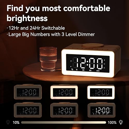 Miniatura 5 de Reloj despertador Bluetooth con carga inalámbrica, luz nocturna LED de 0 a 100 % de atenuación, 2 ajustes de alarma, 1224 horas, repetición de 9