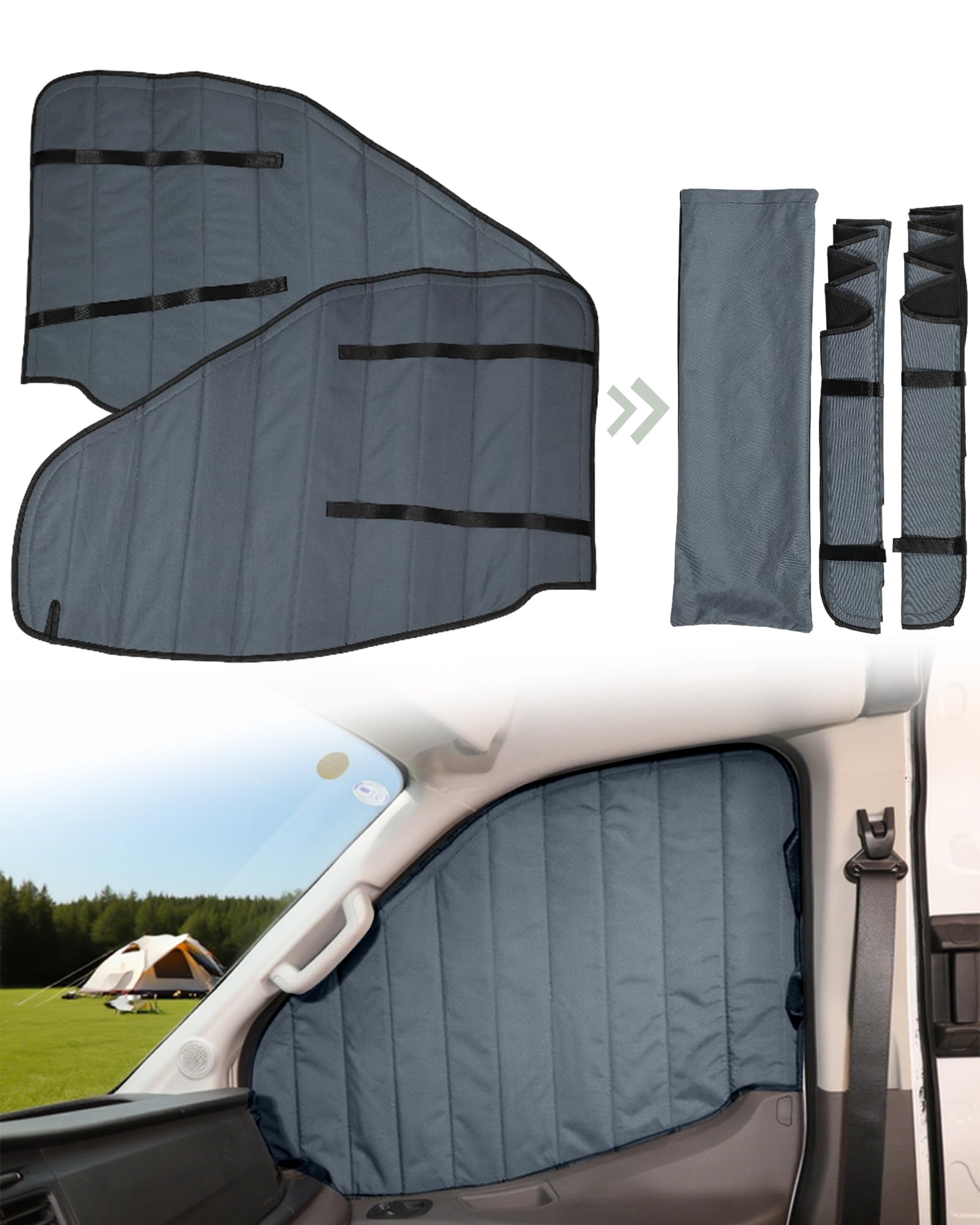 Insulated Blackout Van Window Covers Fit for Ford Transit 150 250 350 High/Medium Roof 2015-2025, Magnetic Van Front Door Side Window Shades (Pair) - Gray