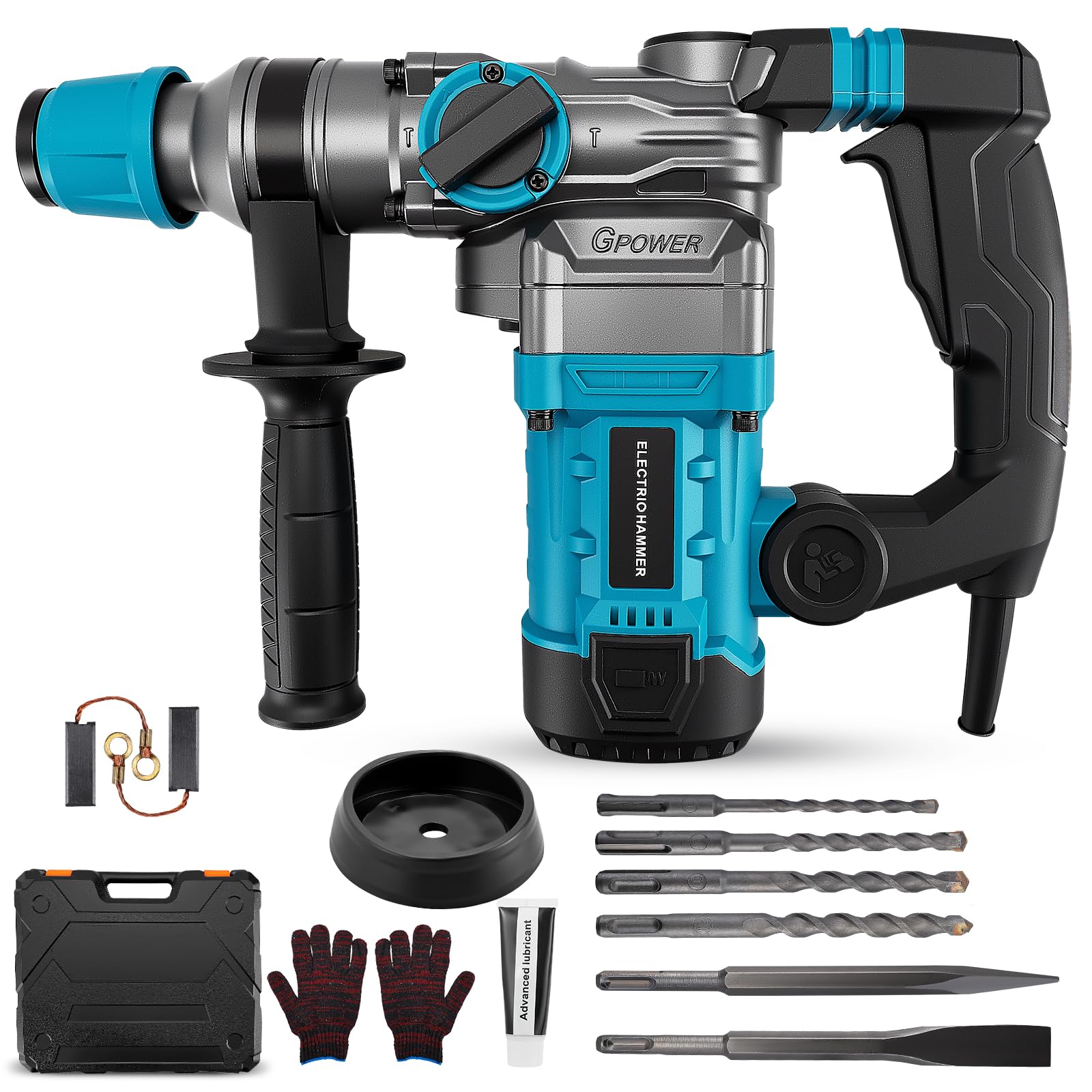 3 in 1 trapano a percussione,1500W martello demolitore,Martello demolitore da 12 J,con 6 punte e scalpelli,diametro di foratura 40 mm,demolitore elettrico giunto antivibrante e di sicurezza