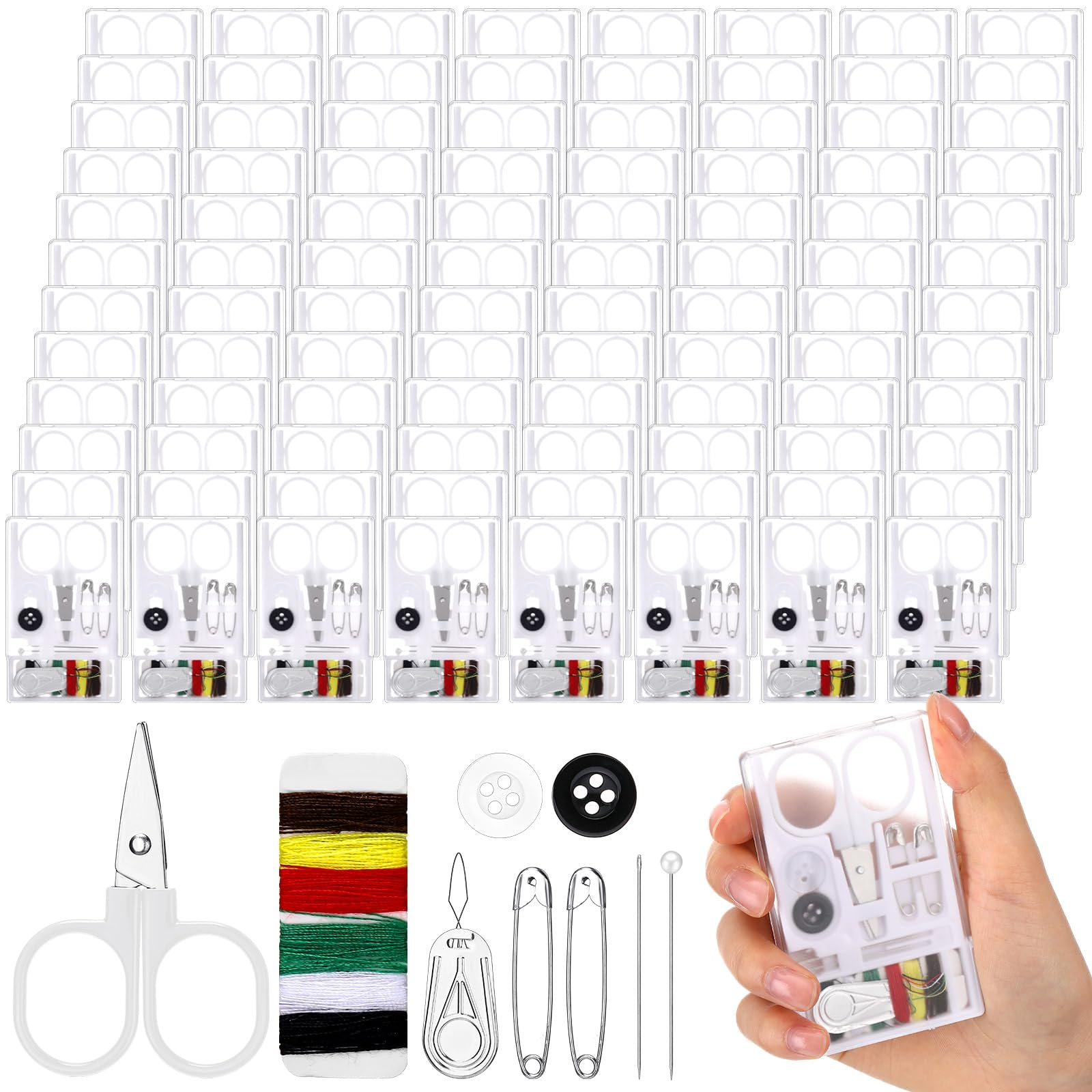 Knitgrip 100 scatole mini kit da cucito da viaggio Quick Fix Kit da cucito portatile Bulk Basic ago pre-filettato strumento di riparazione di emergenza per principianti viaggiatori casa hotel (bianco)