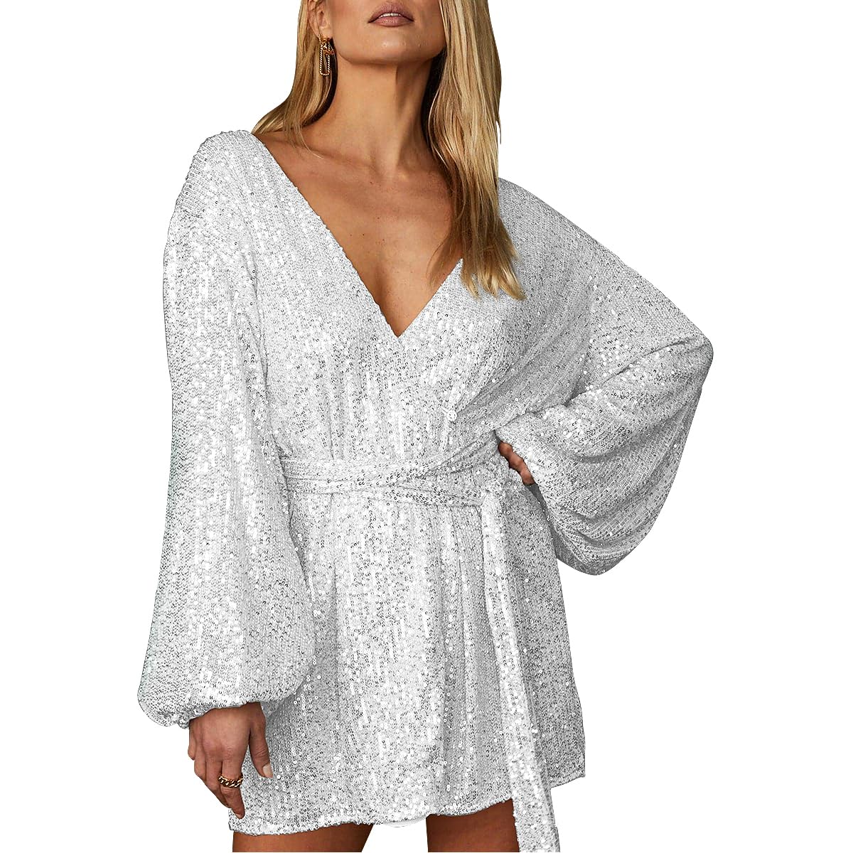 Lunidry Women's Long Sleeve Sequin Short Dress Sparkly Glitter V Neck Tie Waist Sexy Party Club Cocktail Mini Dresses