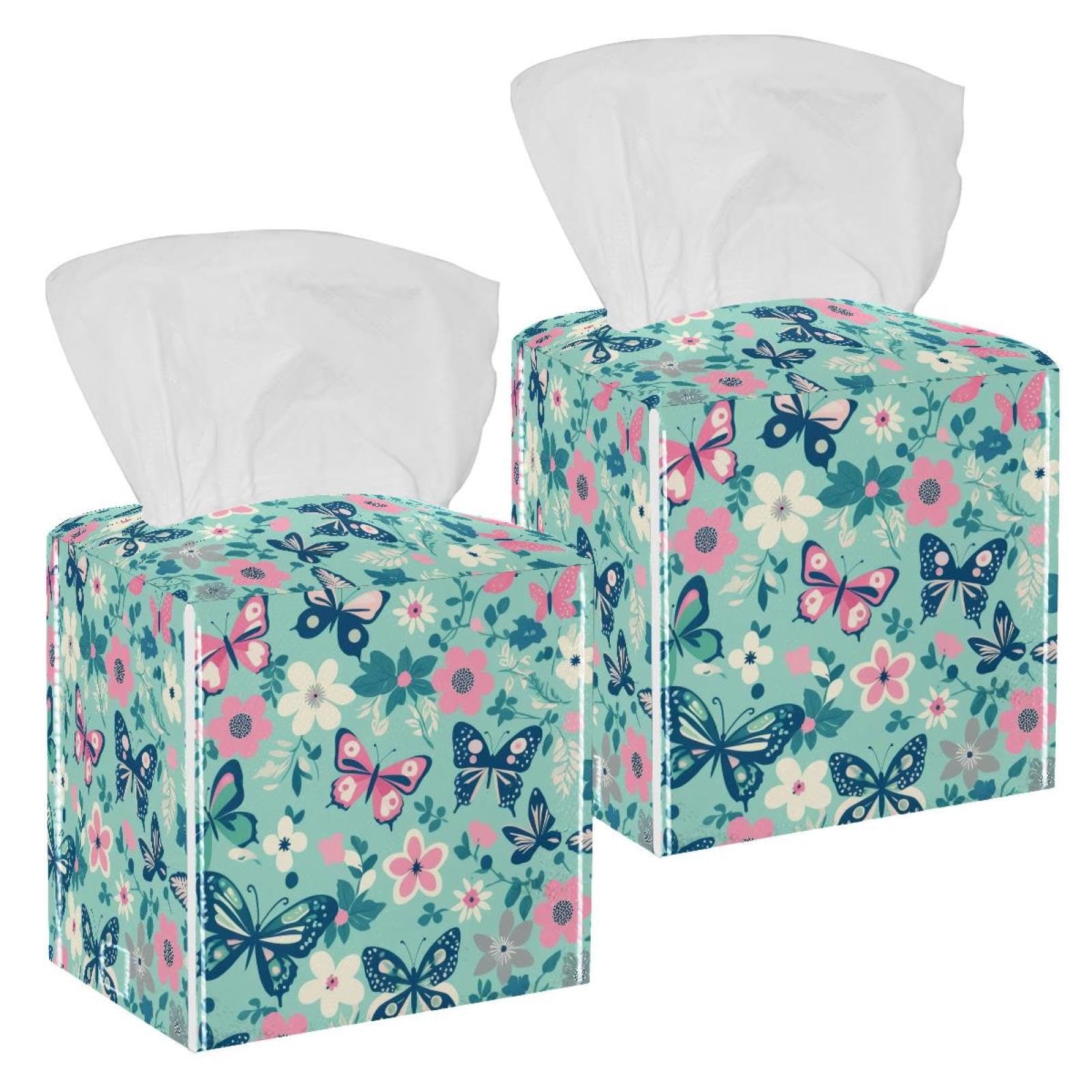 Aesthetic Butterfly Tissue Box Cover, 2 Pack PU Leather Square Facial Tissue Dispenser Box holder for Home Office Car