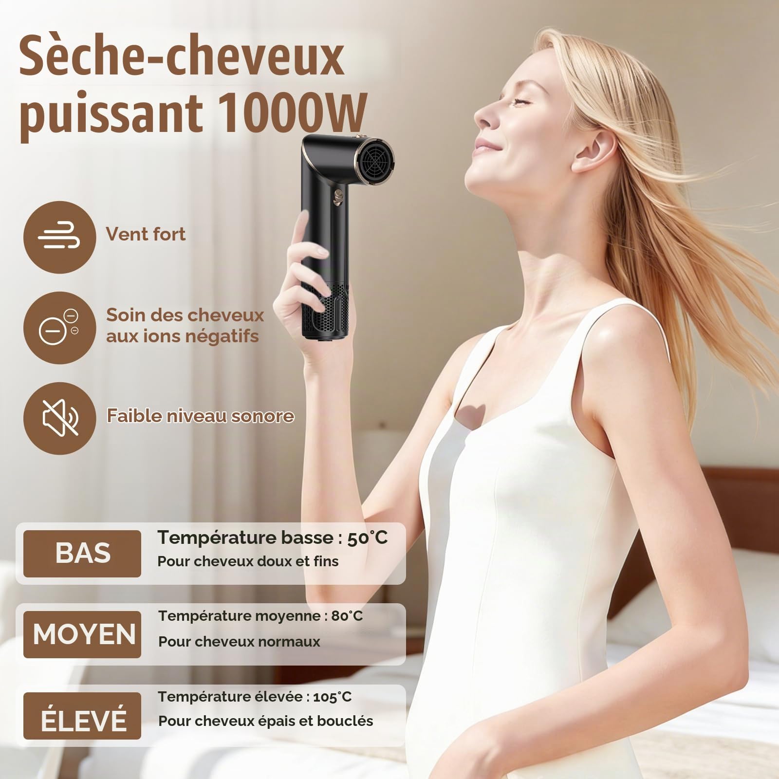 Air Styler 1000W, Brosse Soufflante Pliable, Seche Cheveux Ionique, Brosse Lissante, Fer a Boucler, Brosse Chauffante, 3 Température, Thermal Brush pour Tous Types de Cheveux