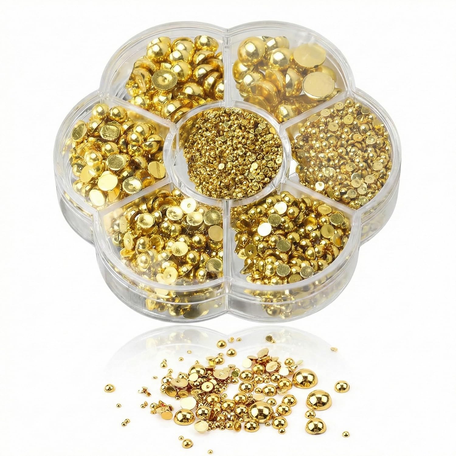 Hopzab 5600 Pcs Golden Flat Back Resin Pearls Mixed Sizes Half Round Pearls Beads Set for DIY Nail Art Crafts Earrings Bracelets Necklaces Shoes Clothes Wedding Dress Jewelry Decorations