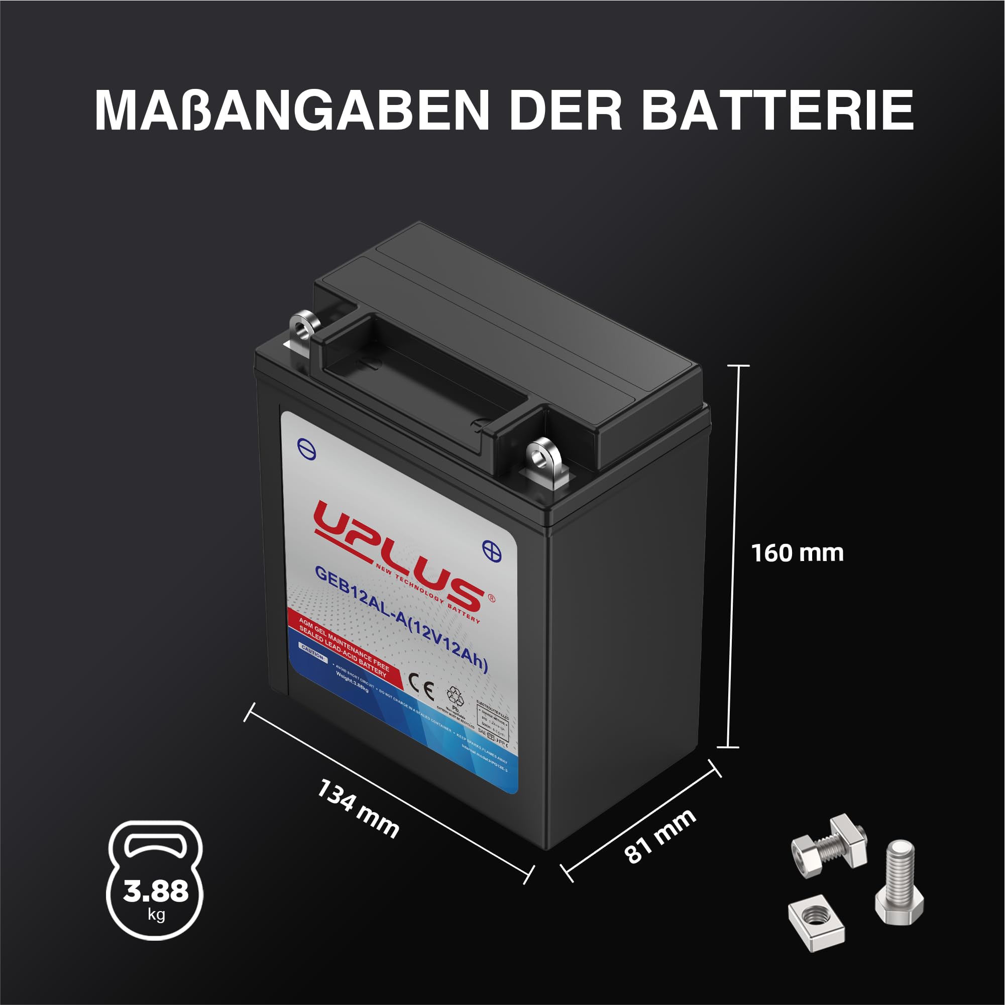UPLUS GEB12AL-A GEL Motorradbatterie 12V 230A 12Ah Rollerbatterie wartungsfrei Ersatz für YB12AL-A 134L×81B×160H mm