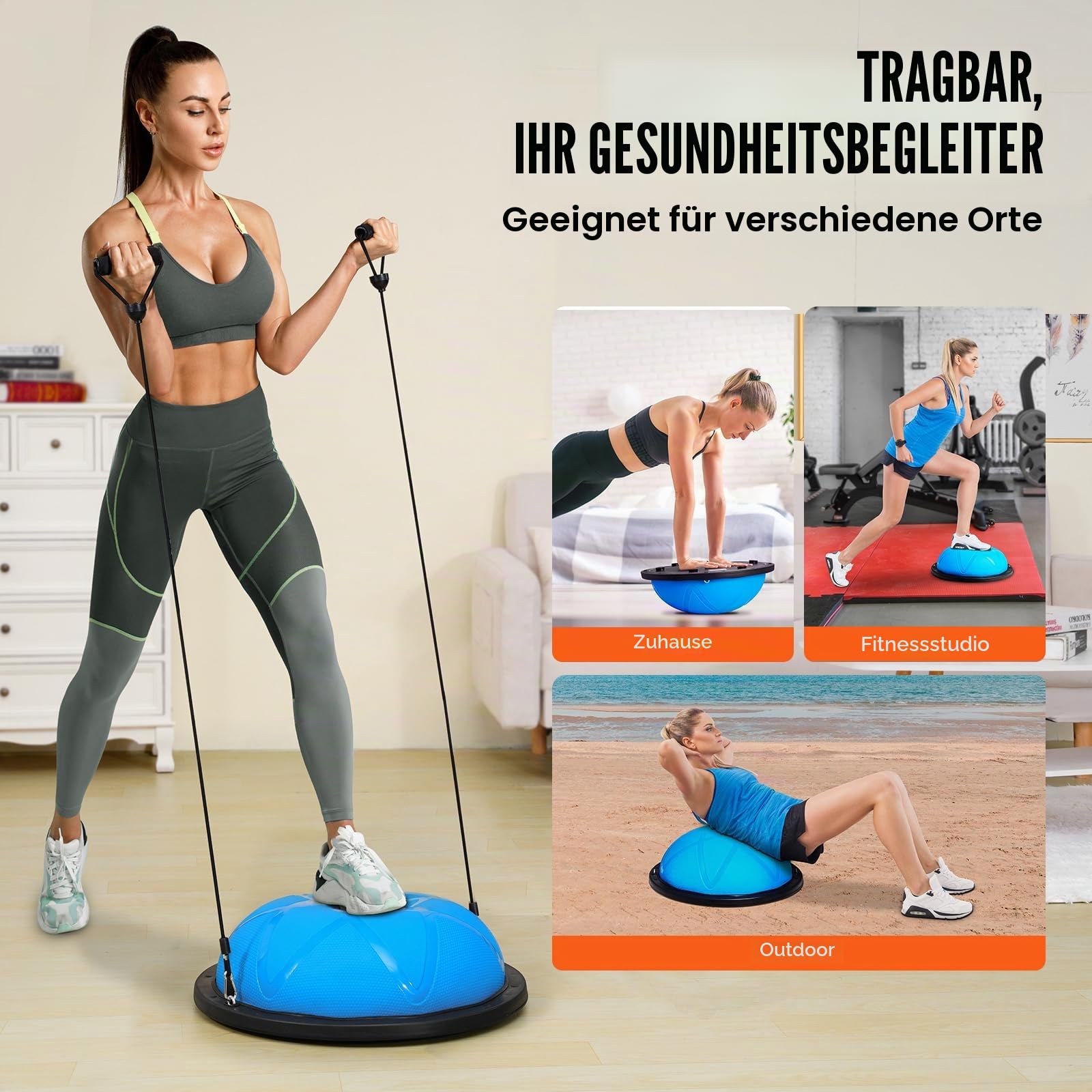 VEVOR Halb-Gymnastikball-Trainer, 58 cm Balance-Ball-Trainer, 300 kg Yoga-Ball mit Widerstandsbändern und Pumpe, Kraft-Fitnessball für das Heim-Fitnessstudio, Ganzkörpertraining, Blau