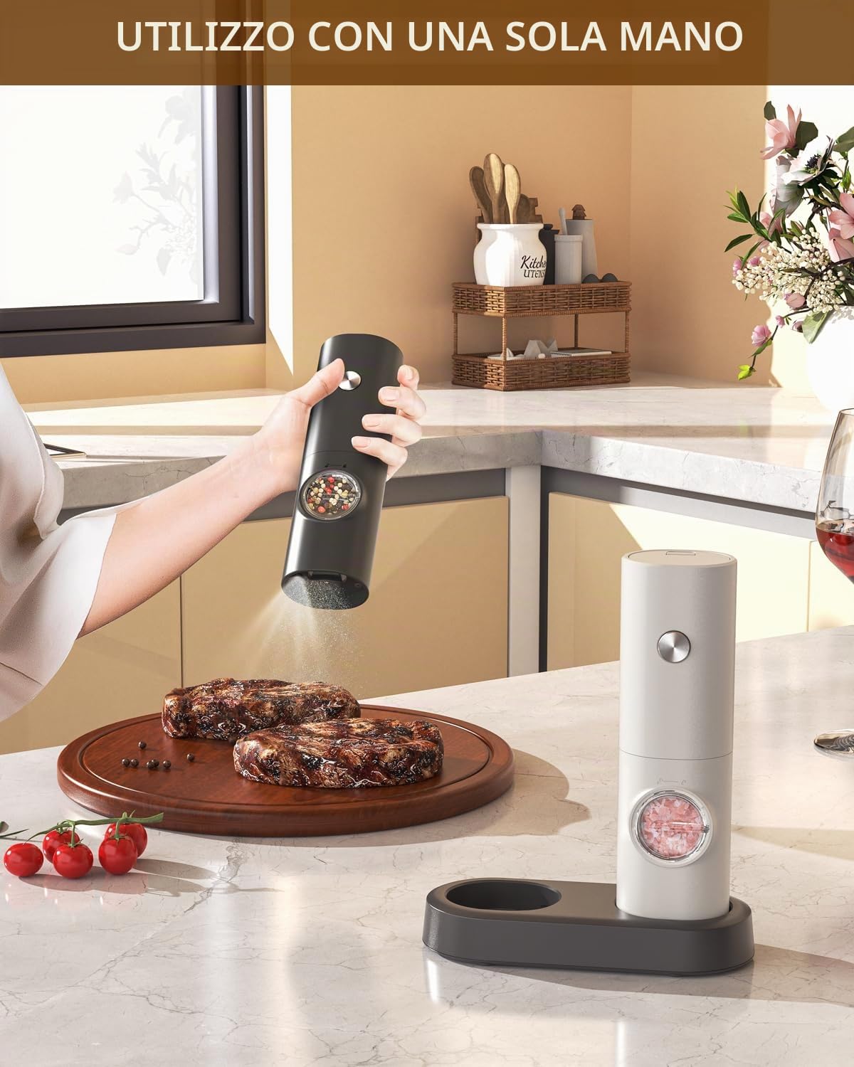 CIRCLE JOY Set Macina Sale e Pepe Elettrico a Batteria Macinaspezie con Base, Luce LED Bianca e Rugosità Regolabile, Bianco Nero