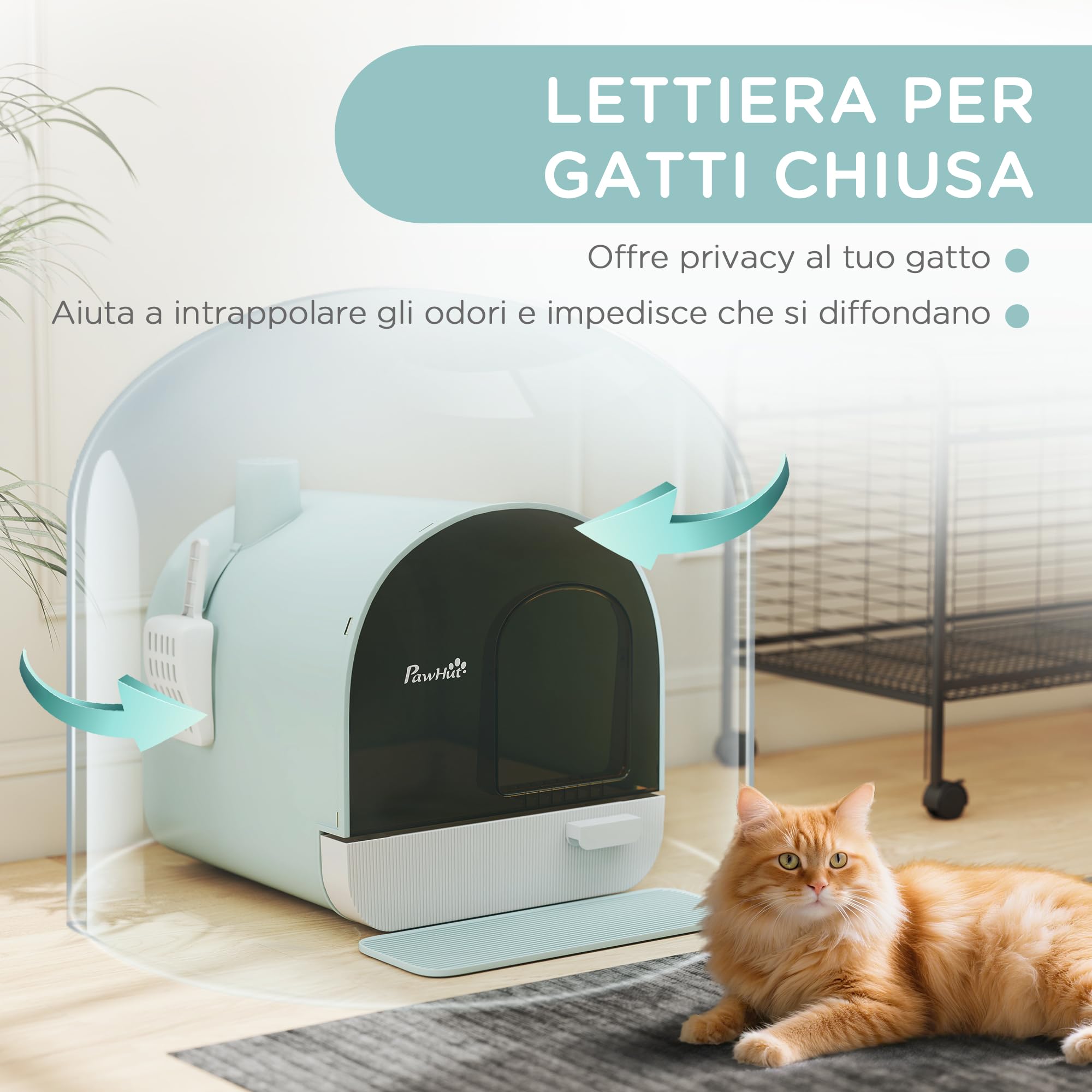 PawHut Lettiera per Gatti Chiusa, Casetta con Vassoio Estraibile, Paletta, Porta e Filtri Antiodore, Toilette per Gatti Antipertita con Tappetino, Verde, Bianco e Nero