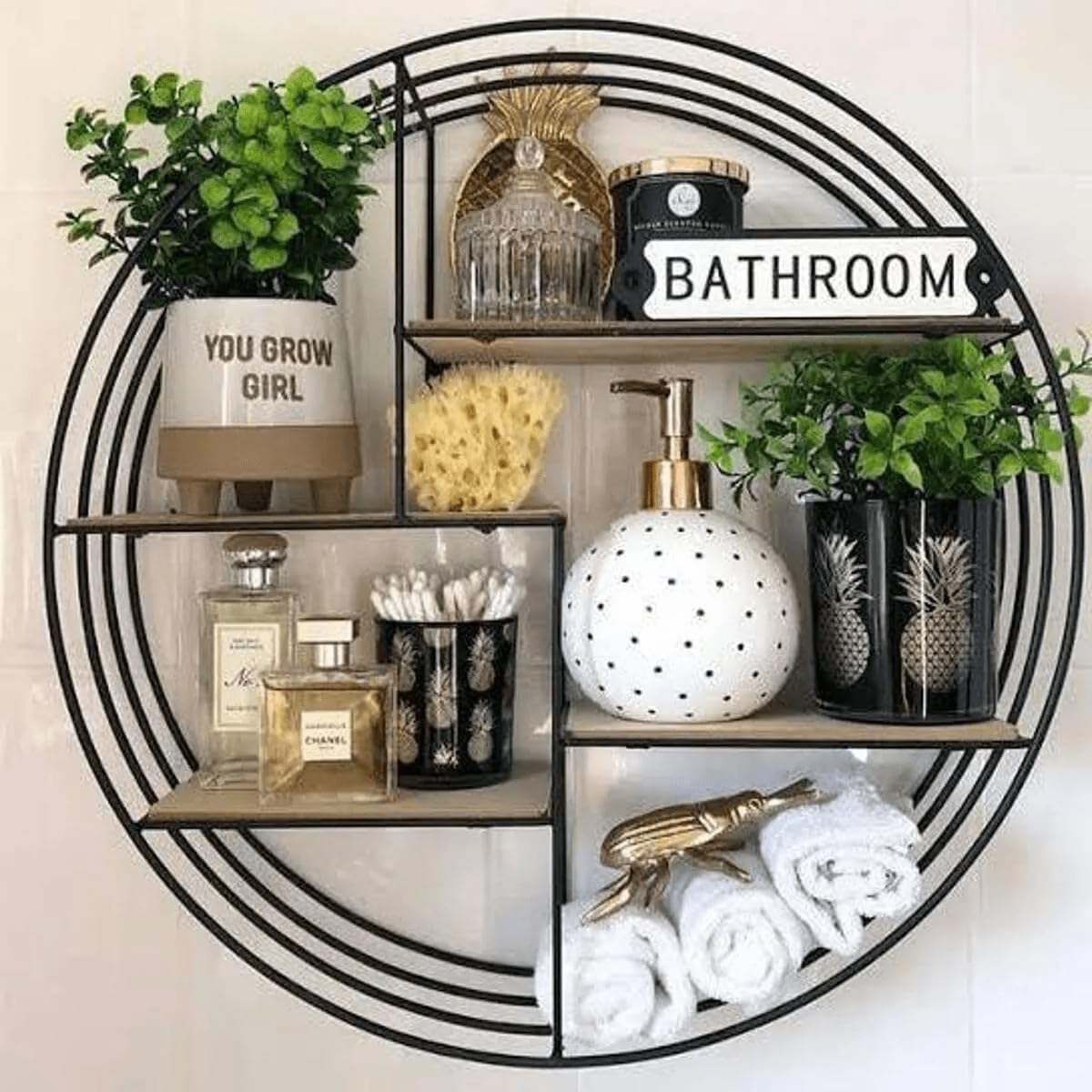 New 4 Compartment Wall-Mounted Round Wooden Shelf Unit – Industrial Metal Circle Design with Paulownia Wood | Floating Display Shelves for Living Room, Bathroom, Bedroom B-21
