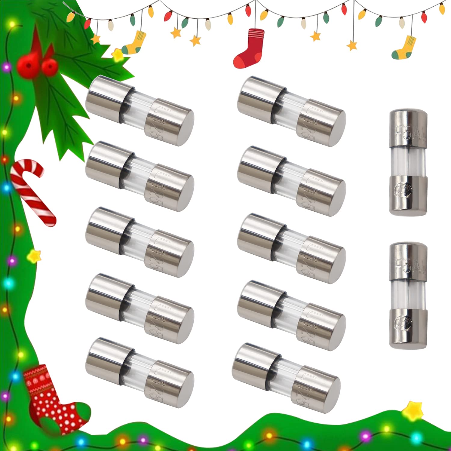 Sunxeke Christmas Light Fuses 12PCS 0.14 x 0.39 inch/ 3.6 x 10 mm 125V 3A Fuses Fast-Blow Automotive Mini Glass Fuse for Christmas Tree Mini Light Strings Replacement Glass Fuses