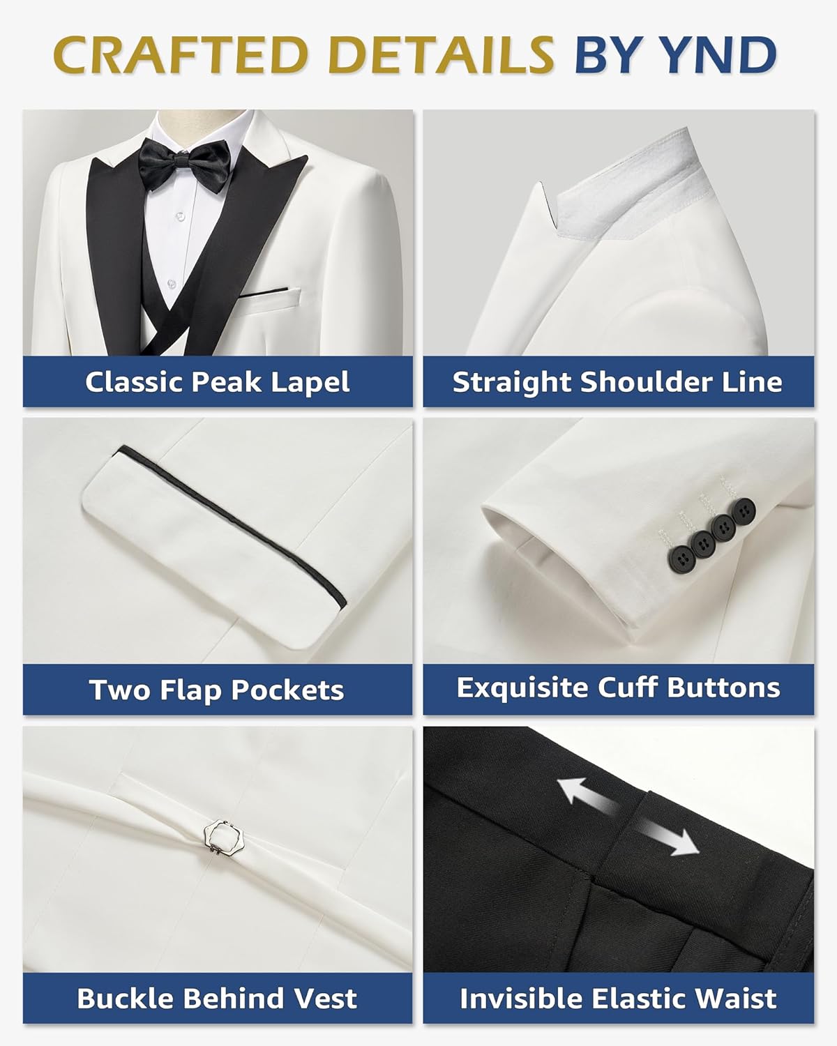 YND Men's 3 Piece Slim Fit Wedding Tuxedo Set, Peak Lapel One Button Suit Jacket, Double Breasted Vest Pants with Bow Tie - Image 3