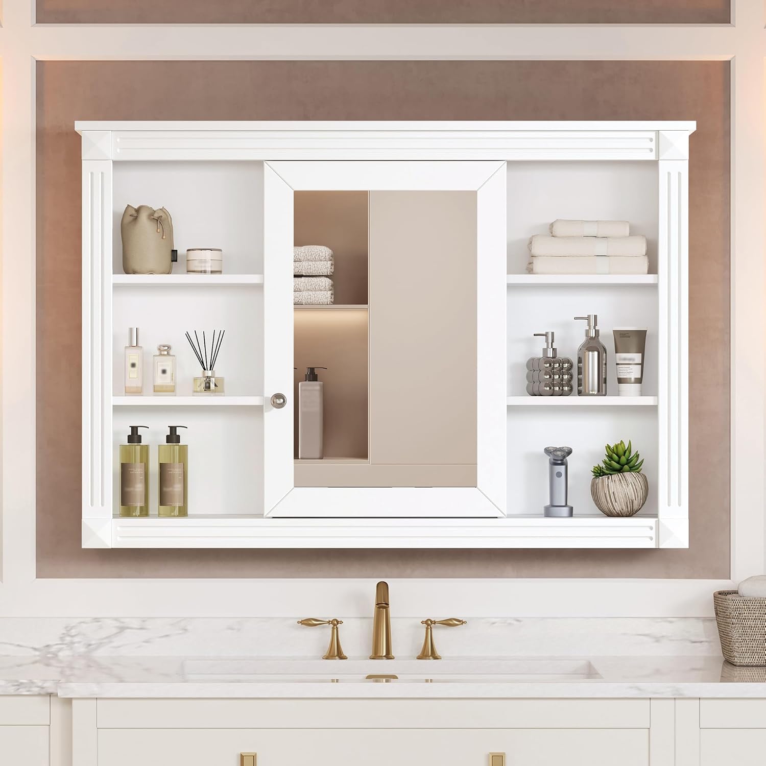 42" Sturdy Bathroom Storage, Multifunctional Organizer with Privacy Mirror Door, Practical Cabinet with 6 Open Shelves for Wall Mounted, White