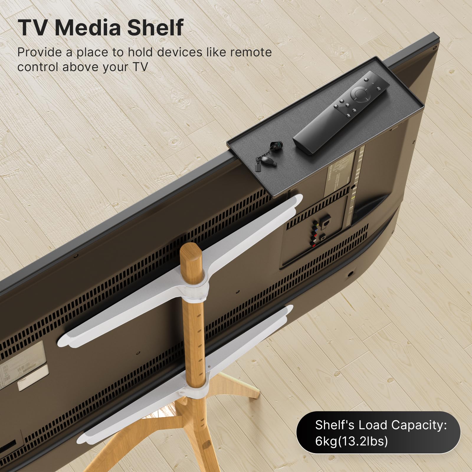 PUTORSEN Staffelei-TV-Stativ für Universal-Fernseher 114,3–165,1 cm, Massivholz, TV-Bodenhalterung mit Medien-Regal, höhenverstellbar und schwenkbar, TV-Ständer, unterstützt bis zu 88 l, max. VESA 400