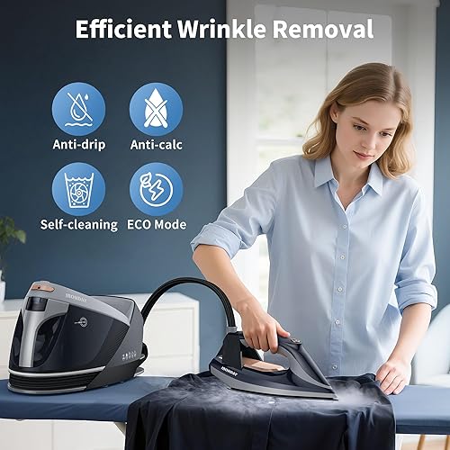 Miniatura 6 de Estación de vapor para ropa con pantalla LED, placa de cerámica de plancha de vapor de 1800 W, apagado automático, autolimpieza, antigoteo, tanque