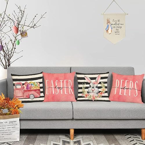 Miniatura 6 de Juego de 4 fundas de almohada de Pascua rosas de 16 x 16 pulgadas fundas de almohada de primavera y Pascua fundas de cojín de caza de huevos de