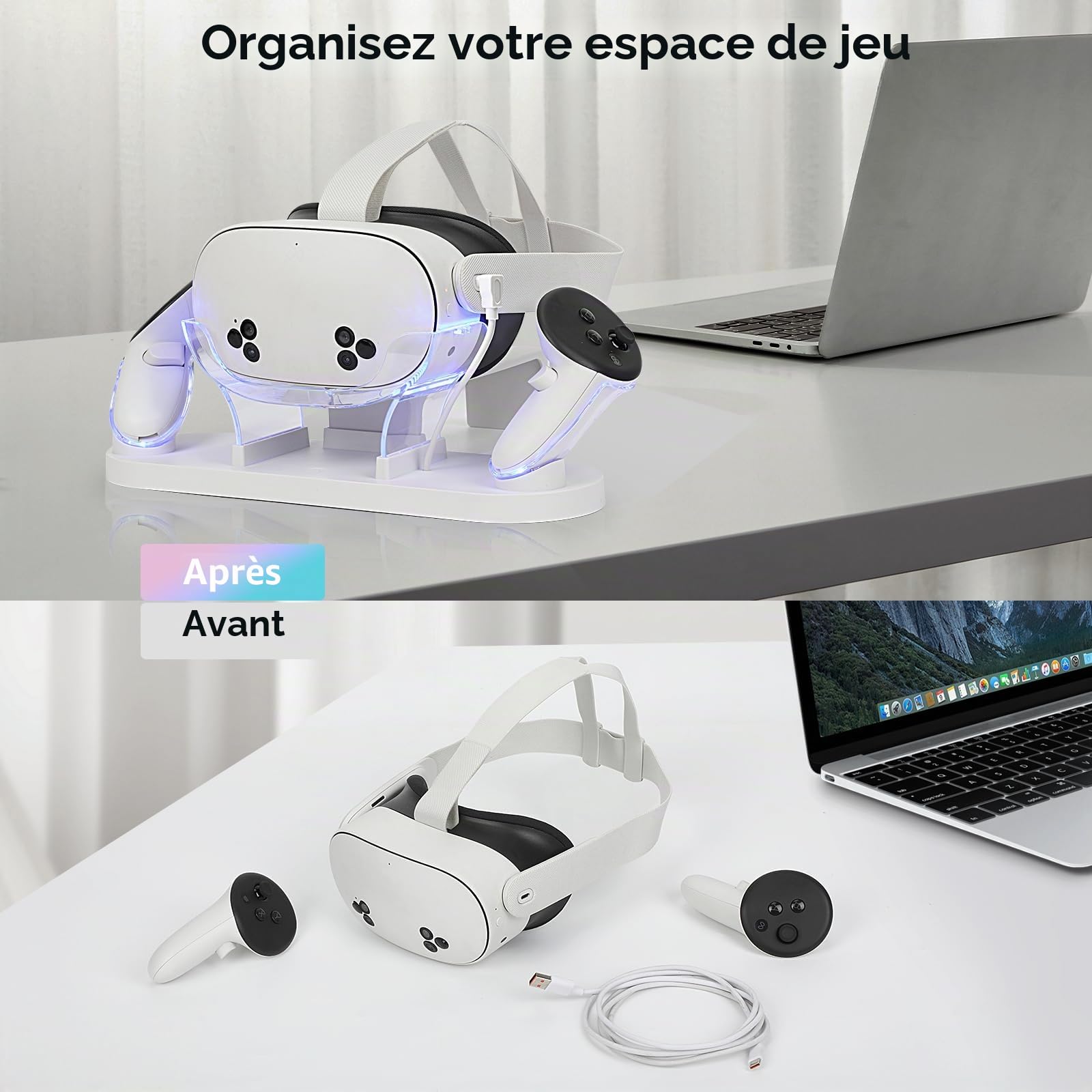 Station Charge pour MetaQuest 3S/Quest 3, avec USB-C Rapide | Charge Simultanée, 2H pour Contrôleurs / 3H pour Casque, Indicateur RGB, Base Anti-Dérapant, Batteries Rechargeables 600mAh