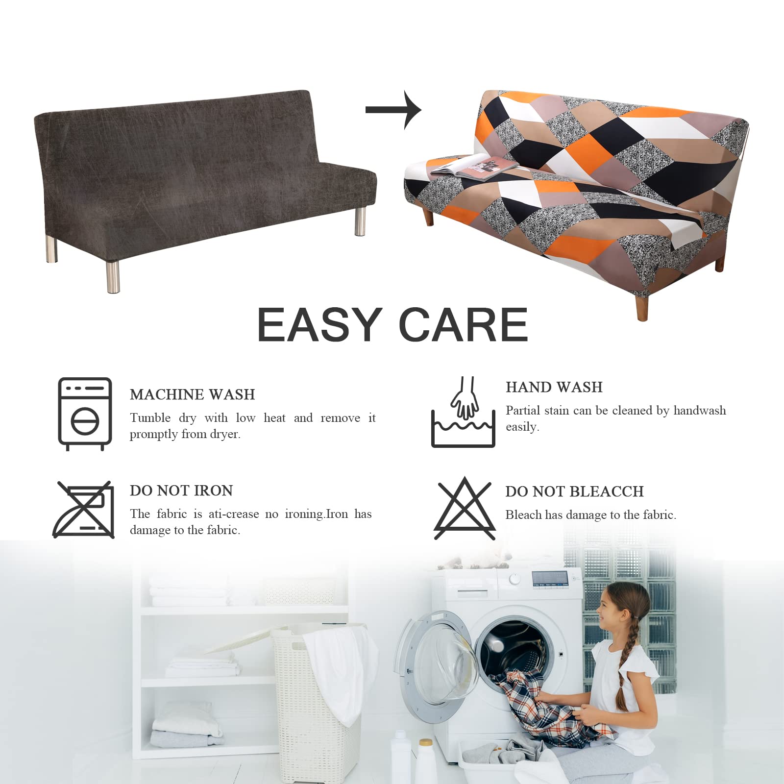 Lydevo Copridivano 3 Posti Senza Braccioli Elasticizzato Universale, Copridivano Letto Pieghevole Clic Clac Lavabile Rimovibile Estraibile, Fodera per Divano Futon per Soggiorno,Geometria Arancione