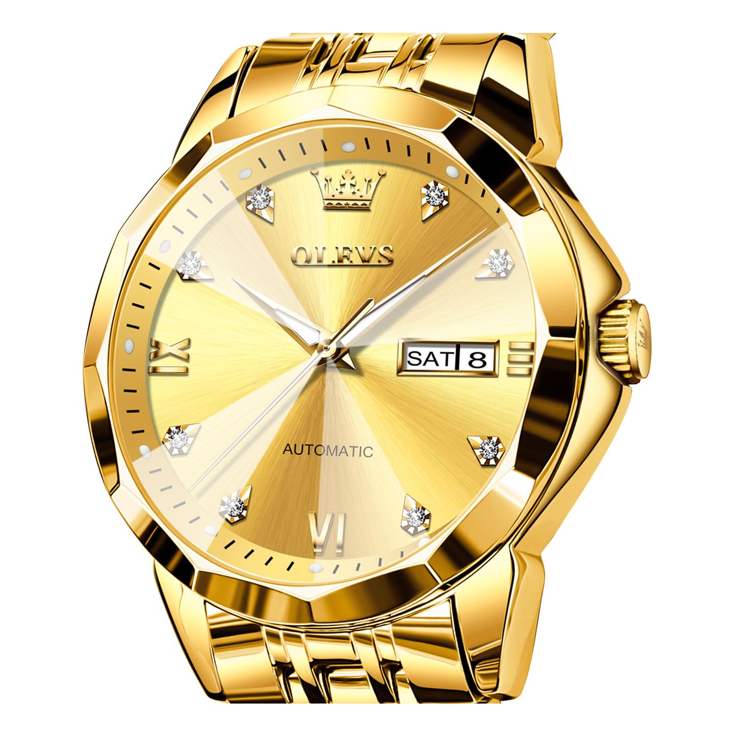 OLEVS Watch for Men Automatic Classic Mechanical Watch Diamond Mirror Stainless Steel Dress Casual Waterproof Day/Date Calendar Gold