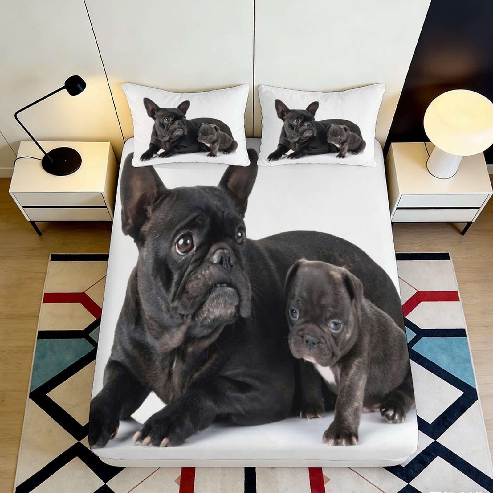3D Printed Black French Bulldog Fitted Sheet Microfiber Bedroom Decor Cute Puppy Mattress Cover for Home Dorm 90x200x25cm