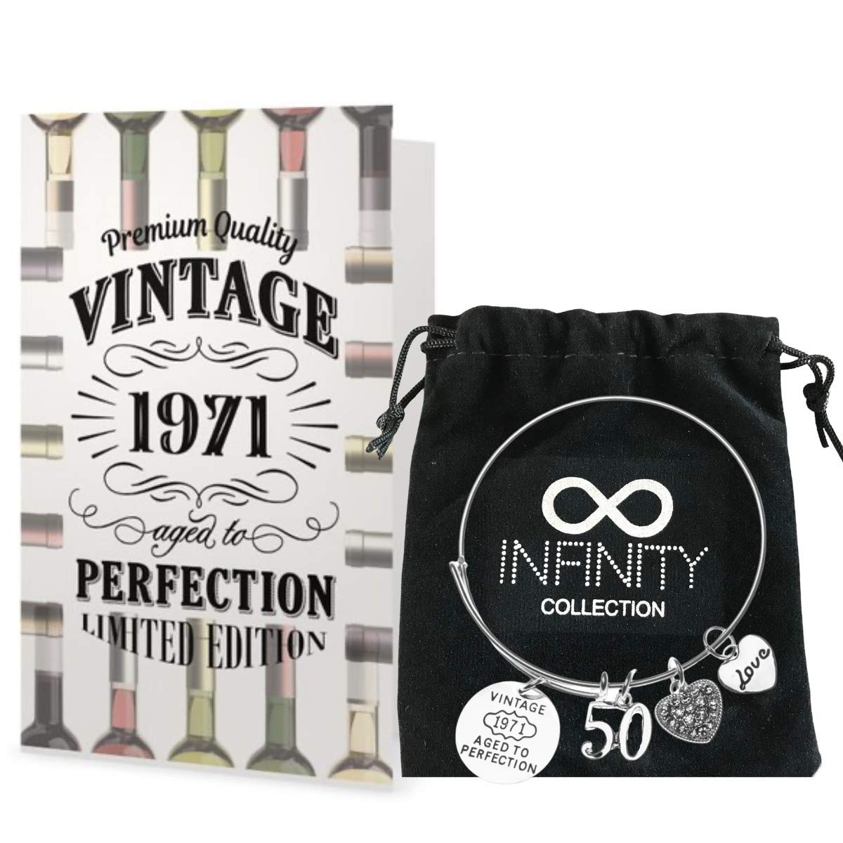 Infinity Collection 50th Birthday Bracelet and Card Gift Set for Women, Vintage 1971 Birthday Expandable Charm Bracelet, 50th Birthday Gift Ideas For Women