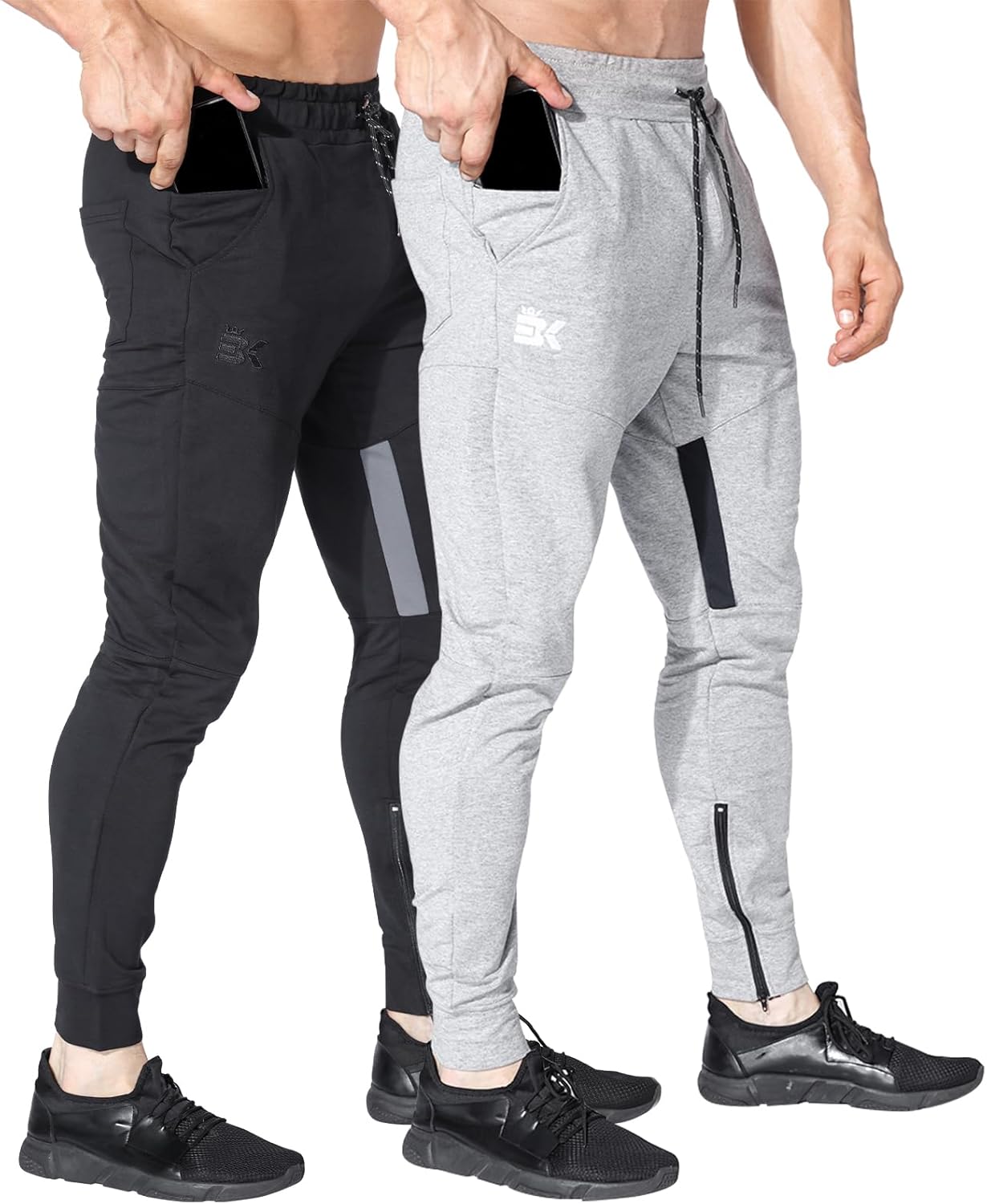 BROKIG Men Fitted Gym Sweatpants,Casual Slim Workout Jogger Pants with Zipper Pocket Bodybuilding Athletic Tapered Pants