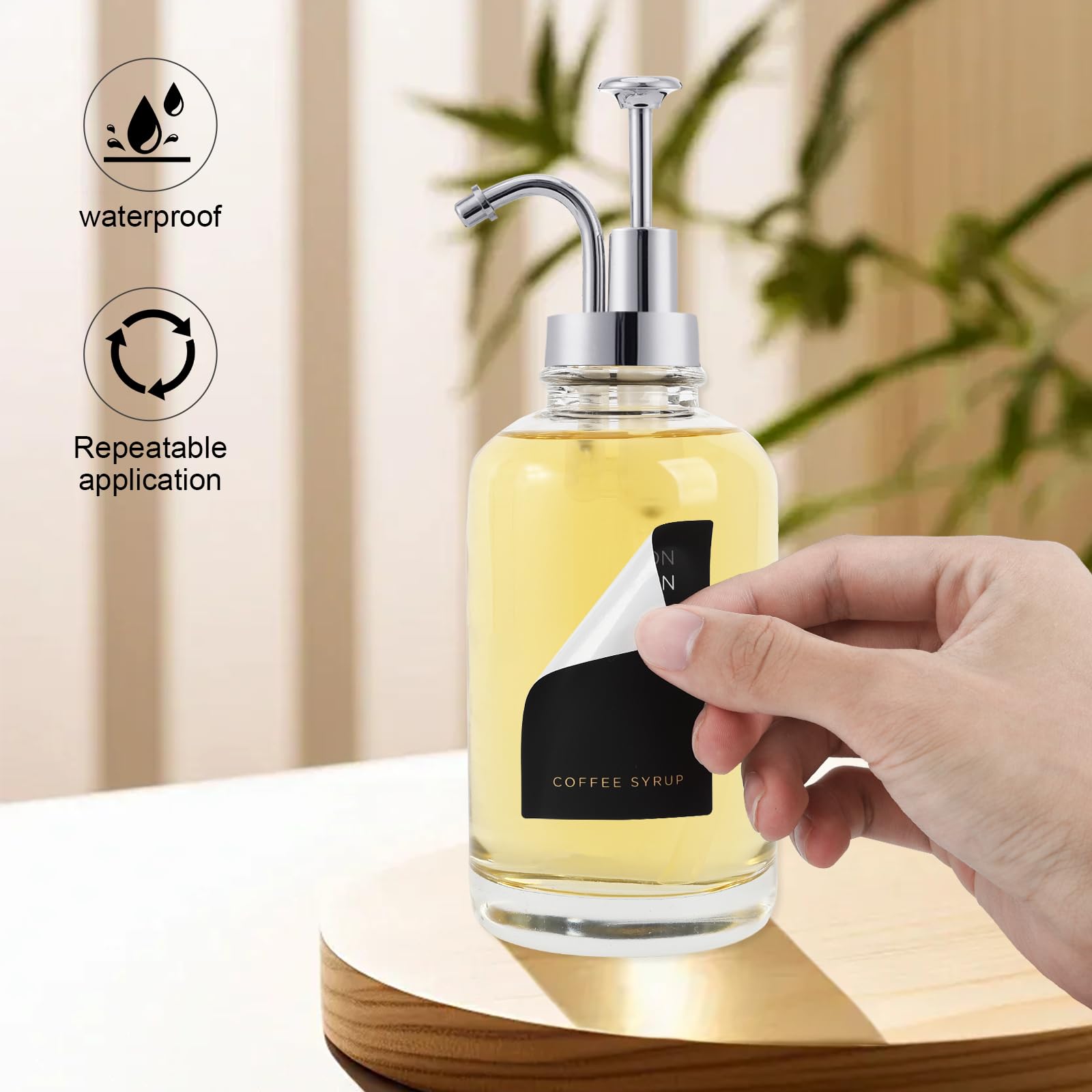 2 Dispenser per Sciroppo di Caffè con 18 Etichette, Pompa per Caffetteria, Bottiglia Minimalista in Vetro, Set di Bottiglie Semplici in Acero/Sciroppo