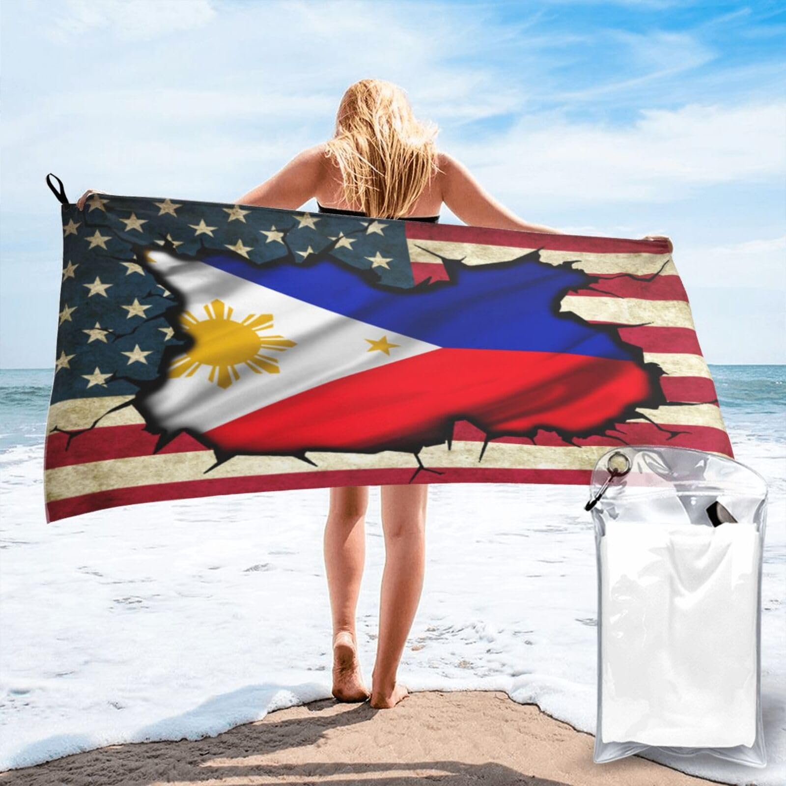 HACXZ Vintage America Flag and Philippines Flag Absorbent Beach Towel Microfiber Beach Towel Lightweight 31.5"X63"