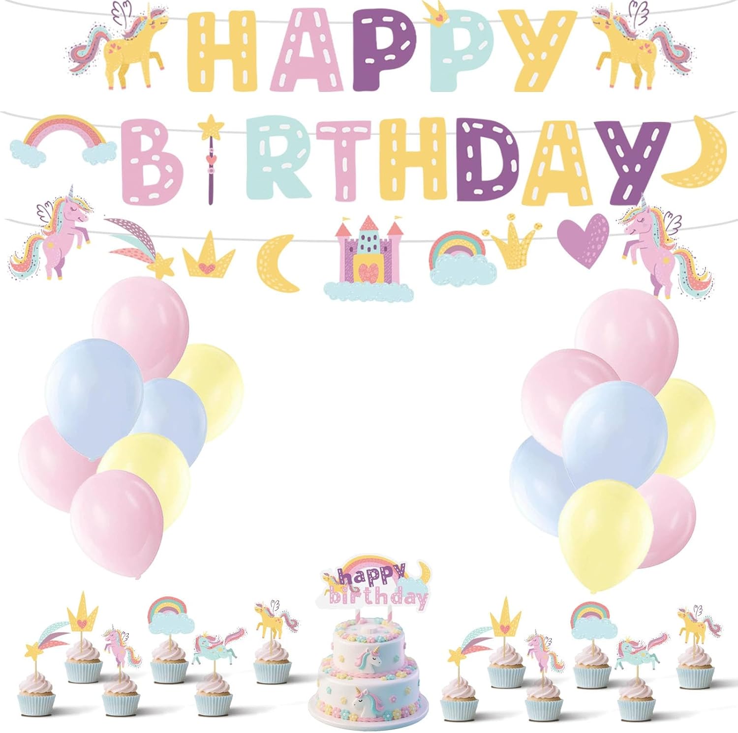 Unicorn Birthday Decoration Set for Girls Pastel Rainbow Party Decoration with Happy Birthday Banner Cake Decoration & Balloons Magic Unicorn Theme Set for Children's Birthday Baby Shower