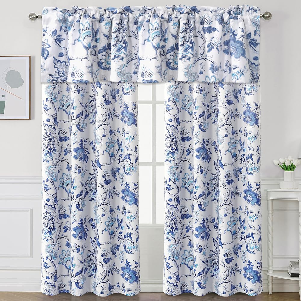 H.VERSAILTEX Blackout Curtain Valances for Kitchen Window/Living Room/Bathroom Privacy Added Rod Pocket Home Decoration Winow Valance, 52" W x 18" L, Flroal in Blue and White (Pack of 4)