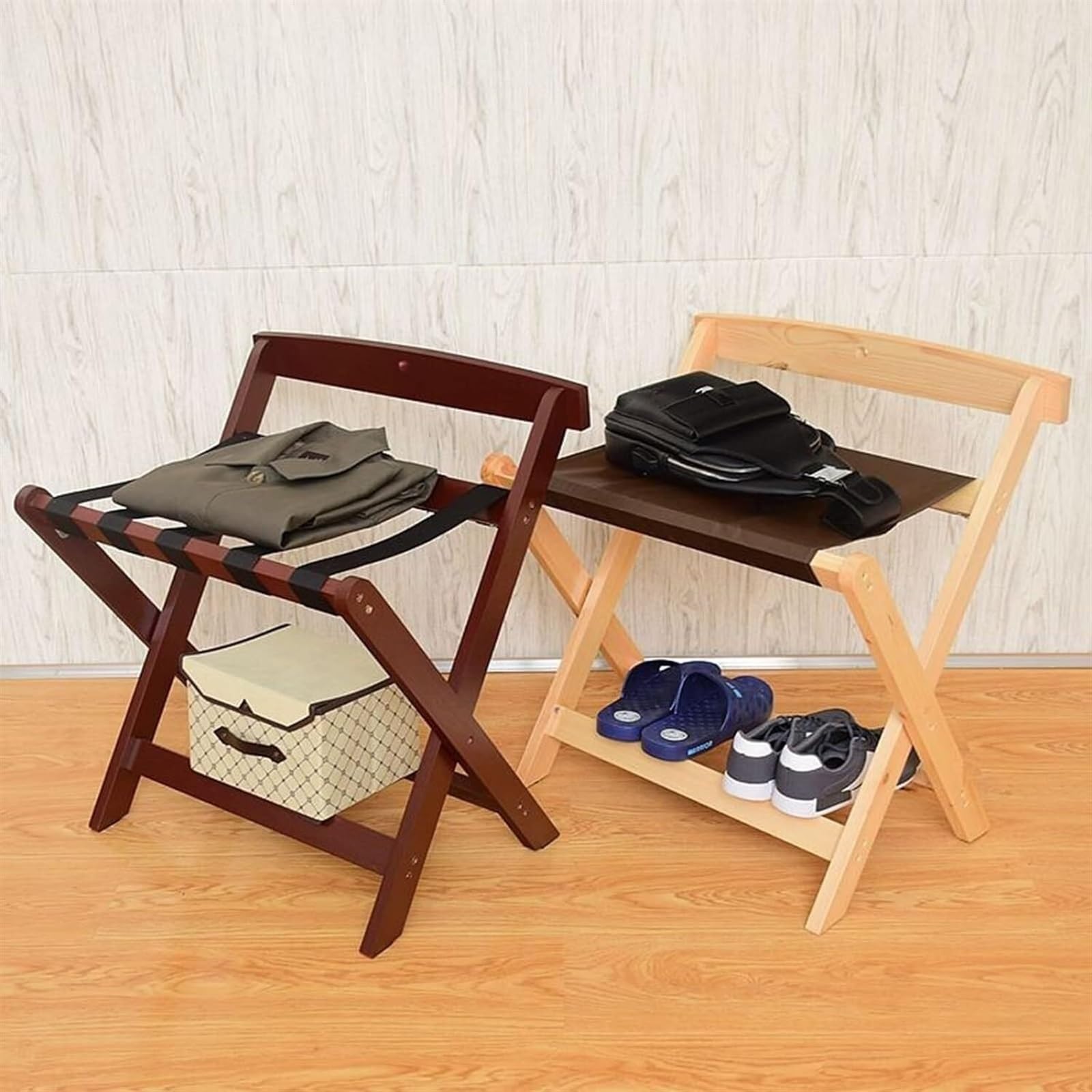 2-pakowy bagażnik składany stojak na walizki z tkaniną drewniana torba podróżna stojak na półkę bagażową w domu do sypialni, 60*50*65cm(Brown)