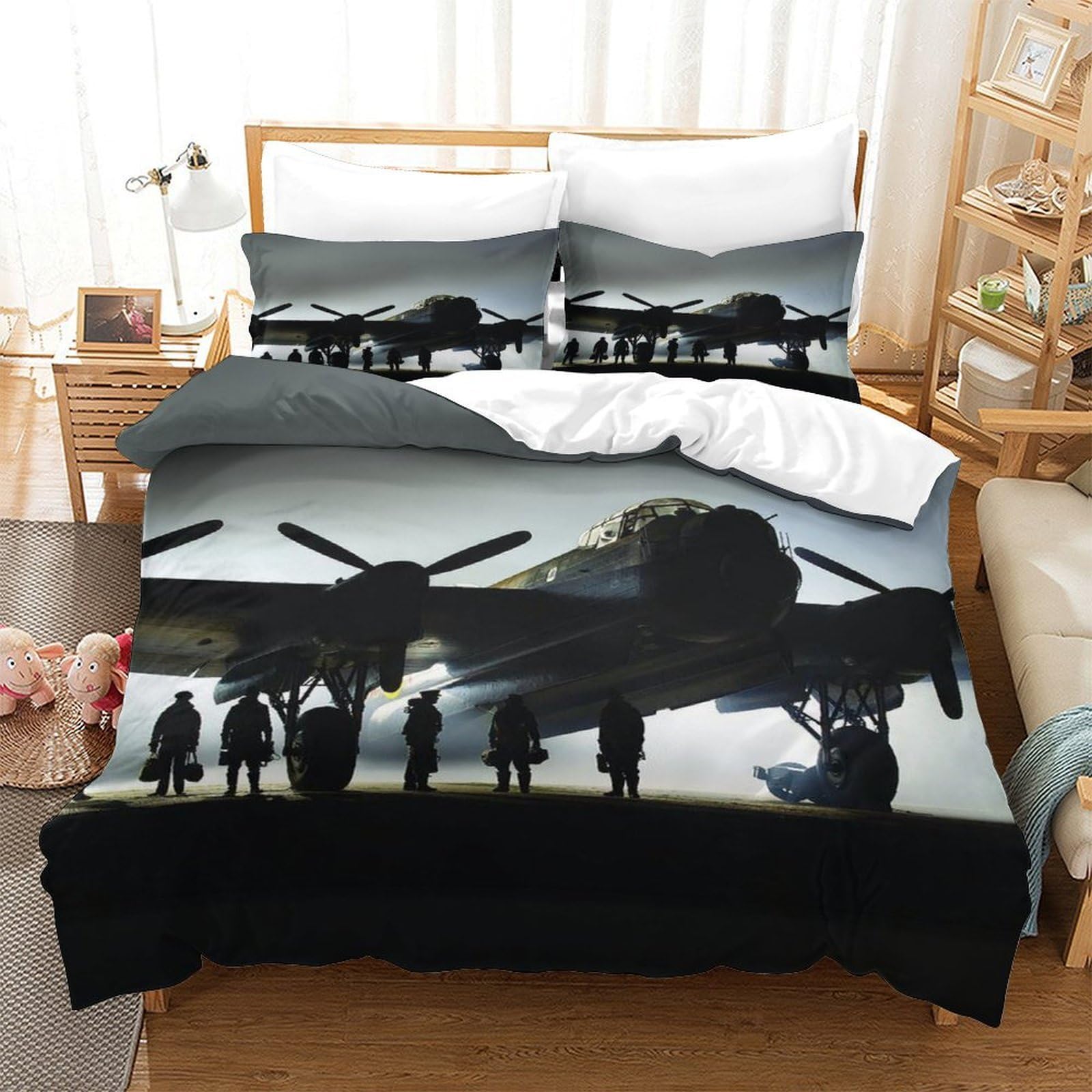 XiaopangXY Double（200x200cm） WW II Aircraft Bedding Set, Washable With Hidden Zipper Duvet Cover Lancaster Bomber Quilt Cover Soft Microfiber, Lancaster Bomber Bed Linen Set for Kids & Adults
