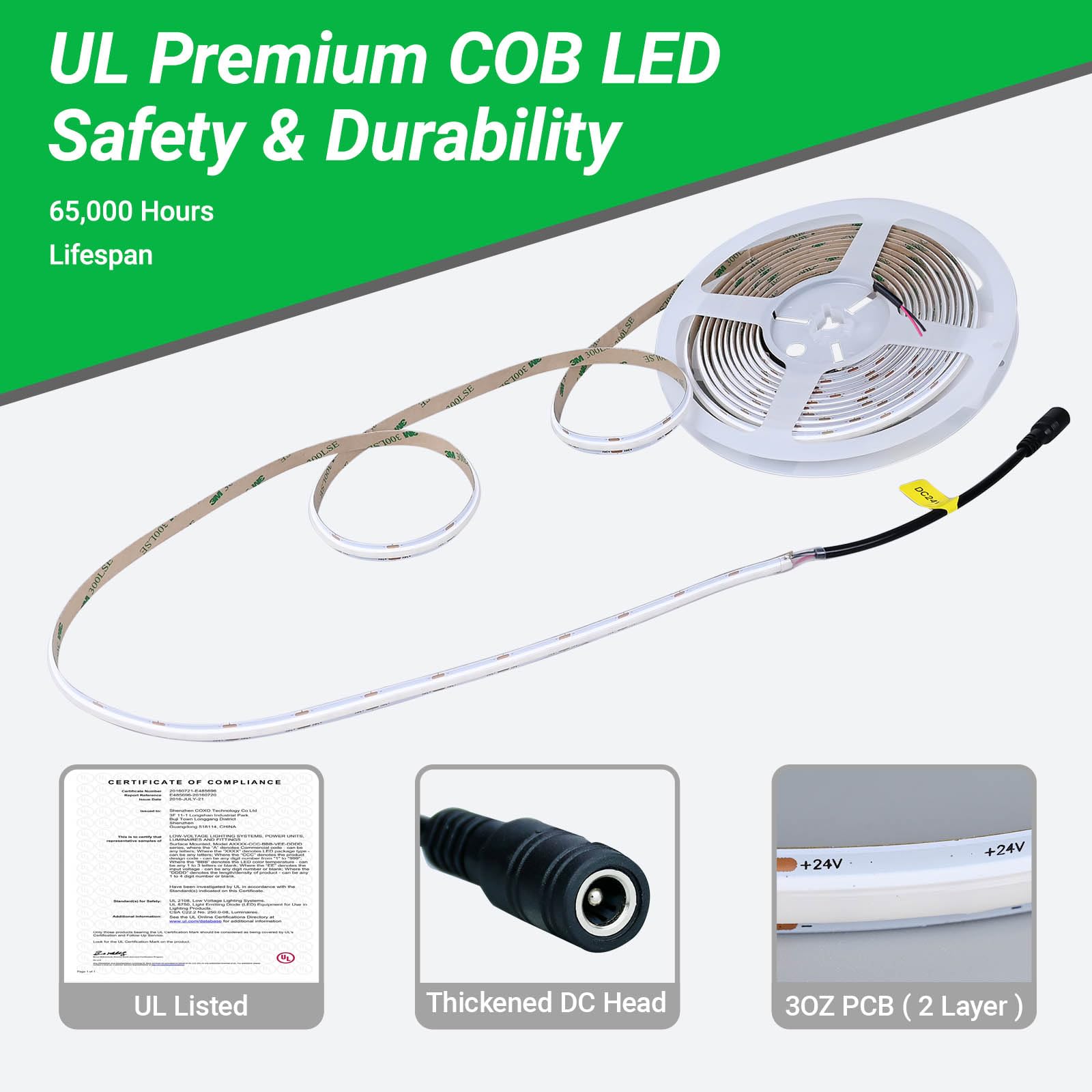 JOYLIT Striscia LED COB 24V 5M 3000K Bianco Caldo 2200LM/M Alta Luminosità, UL CE PRO 288LEDs/M CRI 92+ 19W/M 10MM Bianca Luce Adesiva Strip LED Per Domestico Commerciale (Alimentazione Non Inclusa)