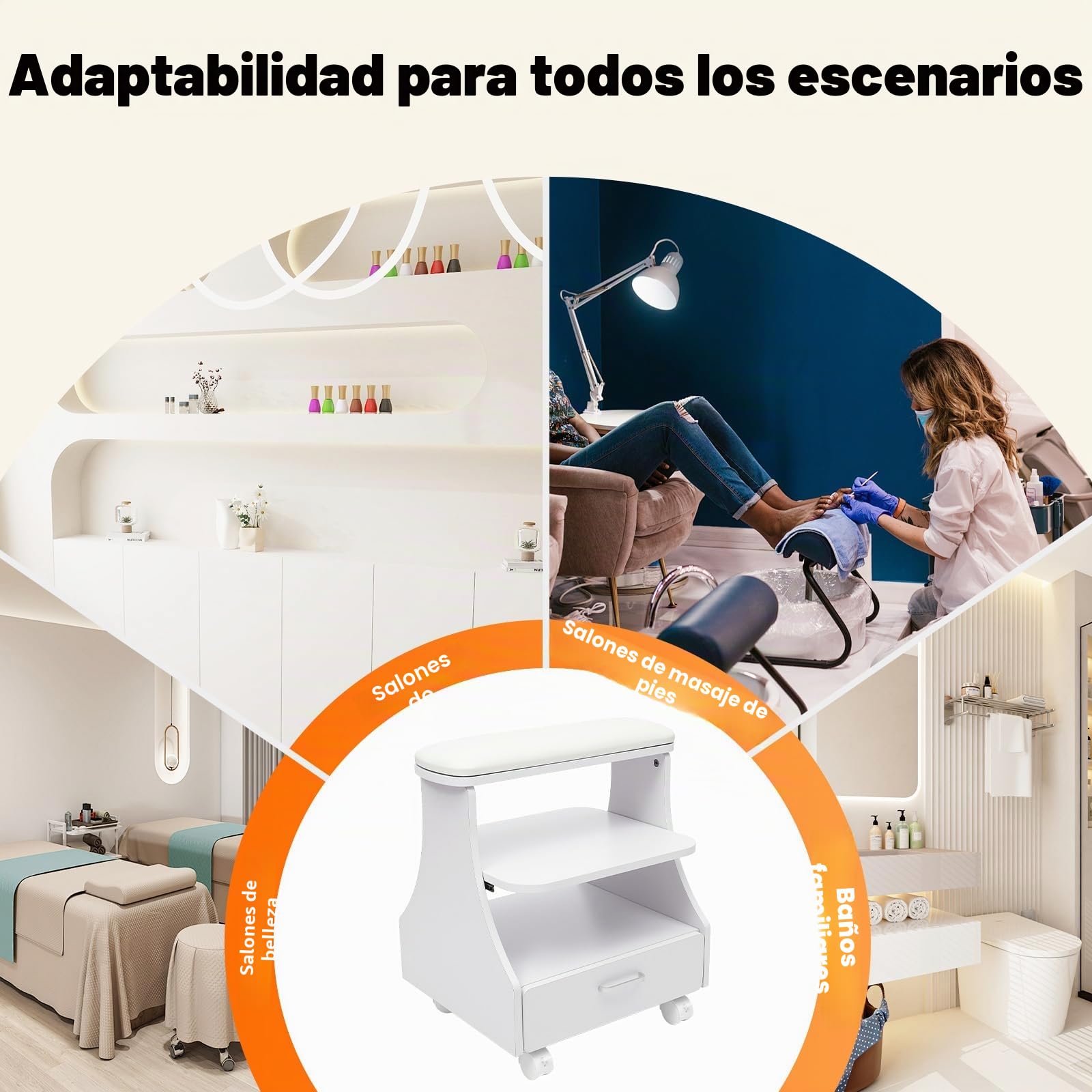 Reposapiés de pedicura con cajón, 3 niveles para el cuidado de las uñas, con 4 casters con frenos, reposapiés y pedicura hasta 50 kg, para salón de belleza, salón de uñas, baños de pies