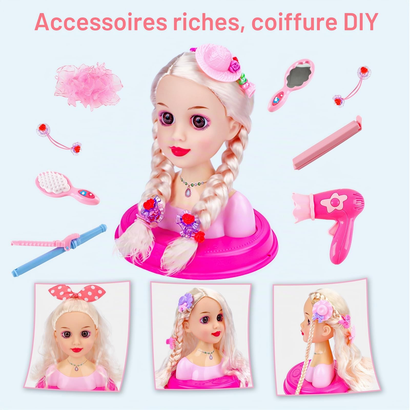 deAO Tête à coiffer pour filles à partir de 3 ans - Poupée de maquillage avec sèche-cheveux et accessoires - Tête de poupée pour coiffer et maquiller - Jouet créatif pour enfants