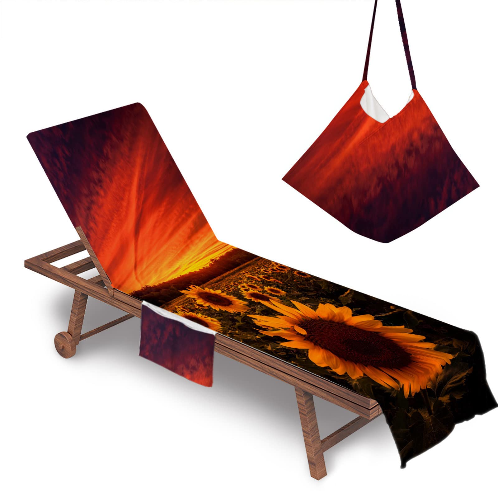 RRrawgff Beach Chair Cover Towel, Sunflower Pattern Beach Towel Lounger Bags with Pockets Sunbed Towels Fitted Microfiber Sun Lounger Towels for Summer Garden Pool Vacation (Twilight)