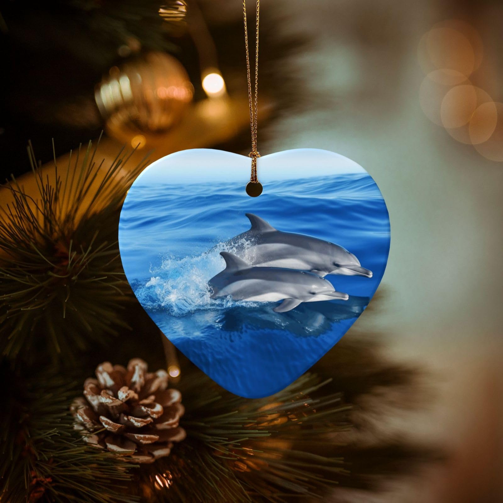 Christmas Ornaments for Christmas Tree Decoration Hanging Dolphin Family Ornament with Gold Ribbon Crafts Heart Shape Ceramic Pendant for Keepsake Gifts Xmas Decor Party Supplies