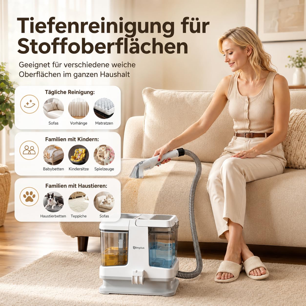 SIMPLUS Polsterreiniger Gerät 12000Pa, kompakter Waschsauger mit 2-Tank-System, Sprüh- & Saugfunktion, Nasssauger für punktuelle Fleckenreinigung auf Sofa, Polster, Teppich & Auto, 2,5 kg, 2 Bürsten