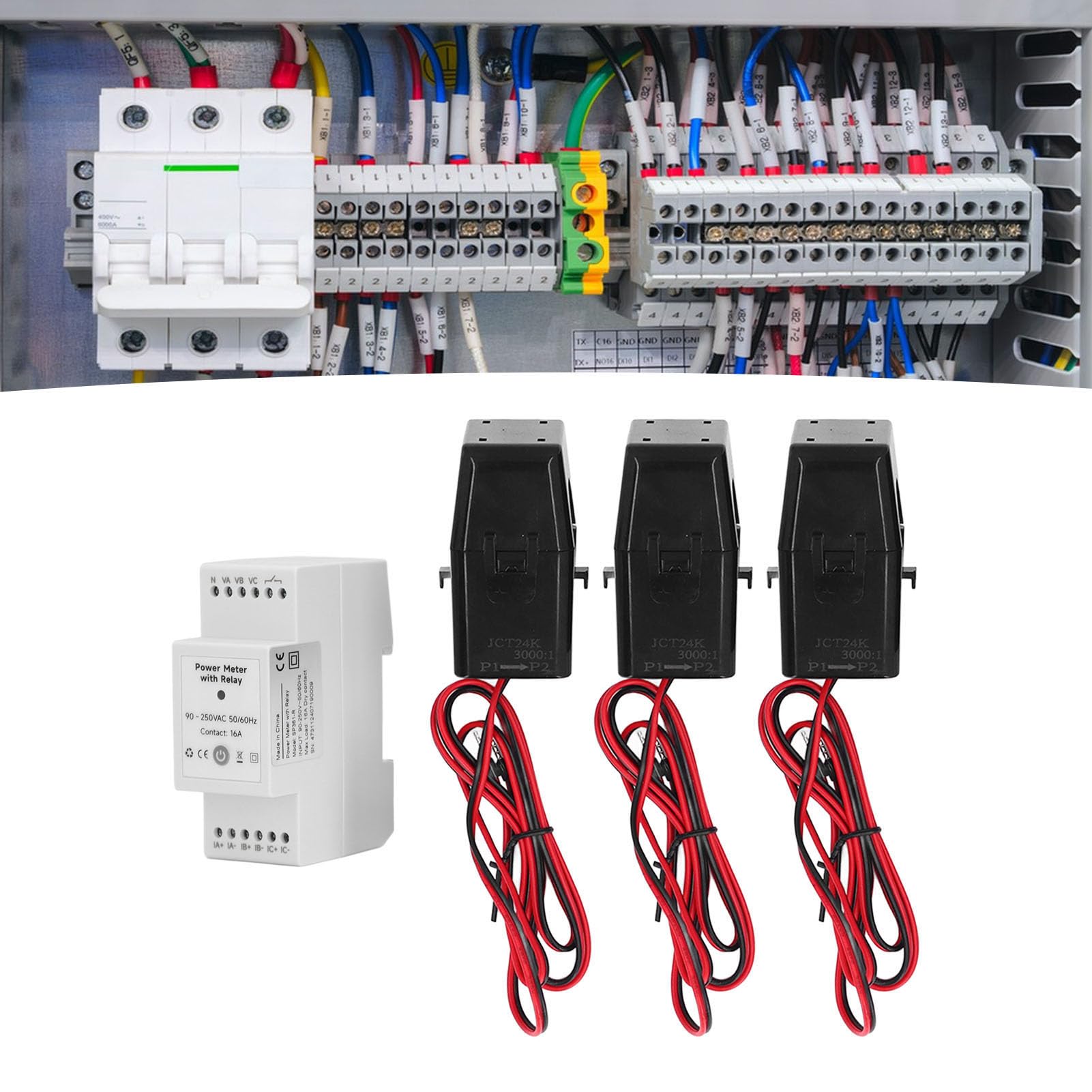 Licznik Energii WiFi z Zaciskiem 3 CT Wbudowany Przekaźnik do Monitorowania Mocy 3-fazowej, 4-przewodowej Licznik Energii Elektrycznej KWh do Zarządzania energią Wsparcie Mobilne