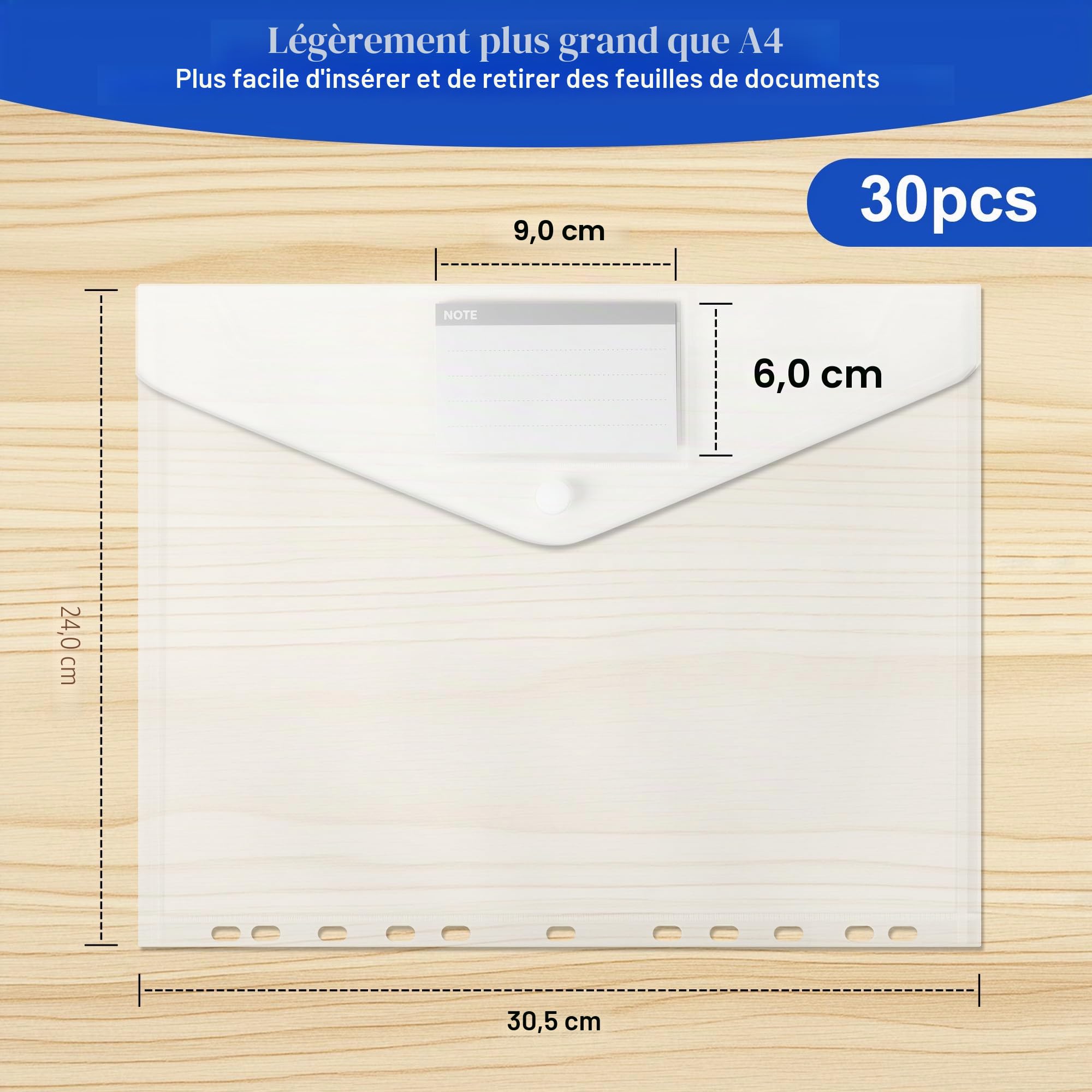 Lot de 30 Pochette Plastique Document A4, Pochette à Bouton Pression, Pochettes Classeur en Plastique A4 Transparente, Porte Document, Chemise Plastiques Transparents - 30.5 * 24CM