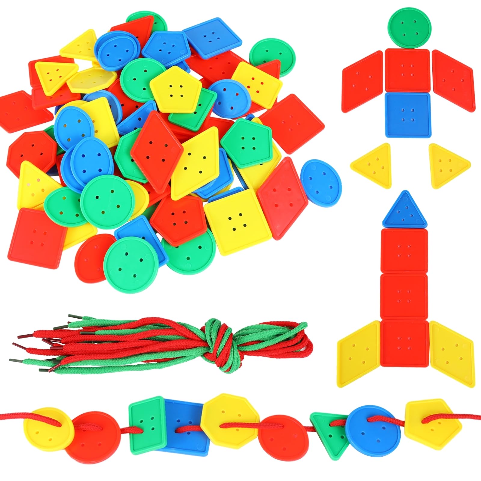 240 Stk. große bunte Knöpfe, geometrische Farbmix-Knöpfe für Kinder ab 3 Jahren, Set mit 30 geflochtenen Schnüren, Formen zum Sortieren für DIY-Bastelprojekte und handgemachte Geschenke